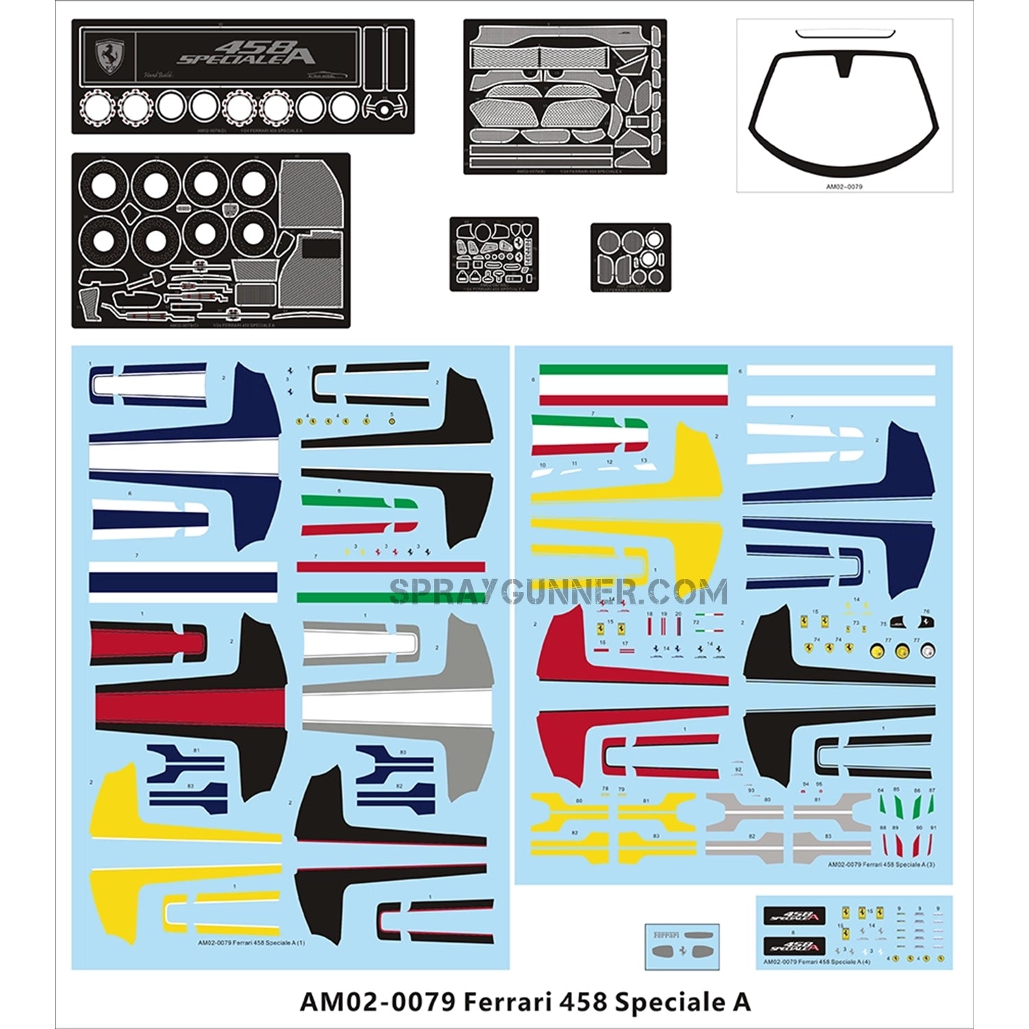 Decal sheet and detailing parts for ALPHA MODEL 1/24 scale model Ferrari 458 Speciale A, featuring various color schemes and branding elements.