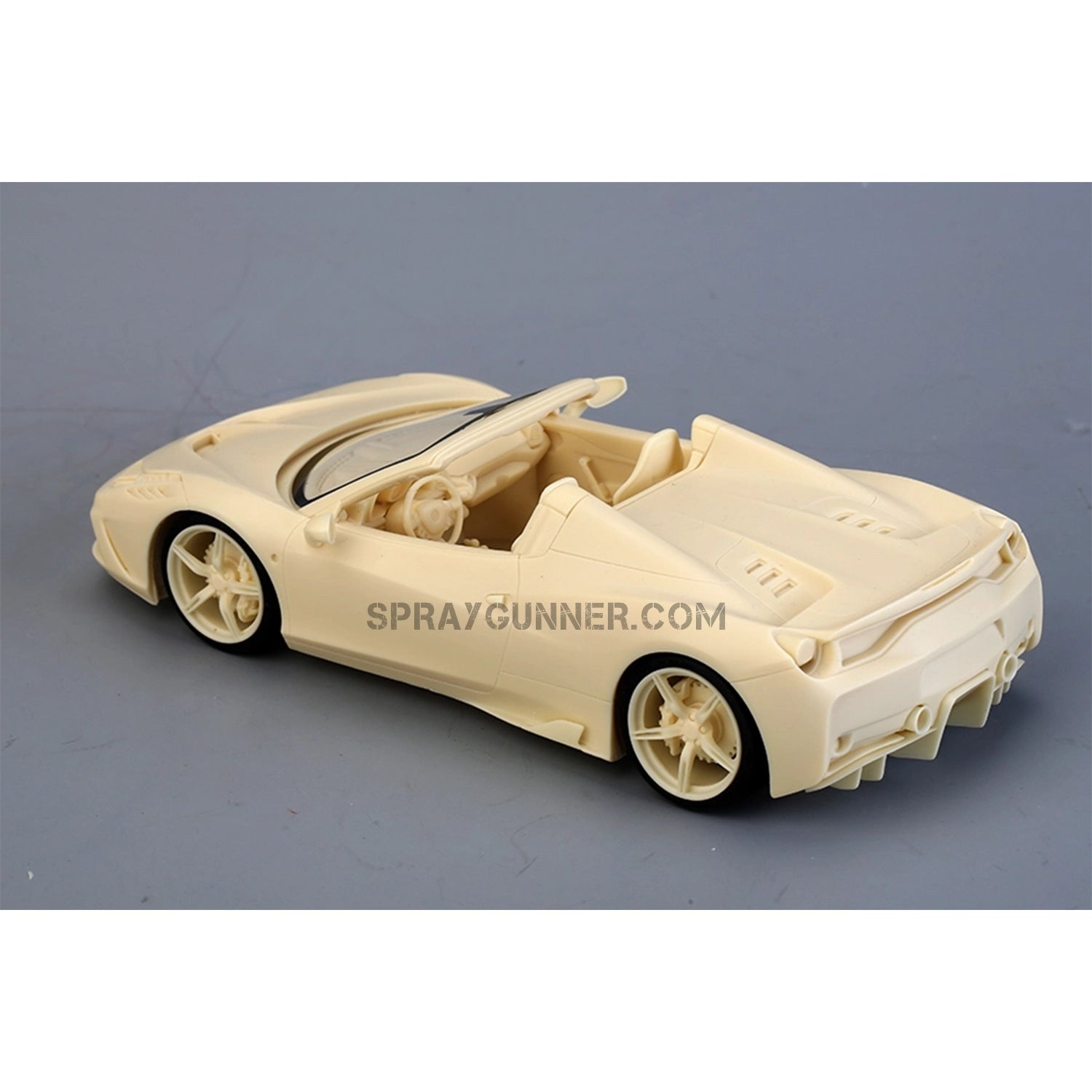 Rear angle of ALPHA MODEL 1/24 scale model Ferrari 458 Speciale A, showcasing interior details and aerodynamic rear design.