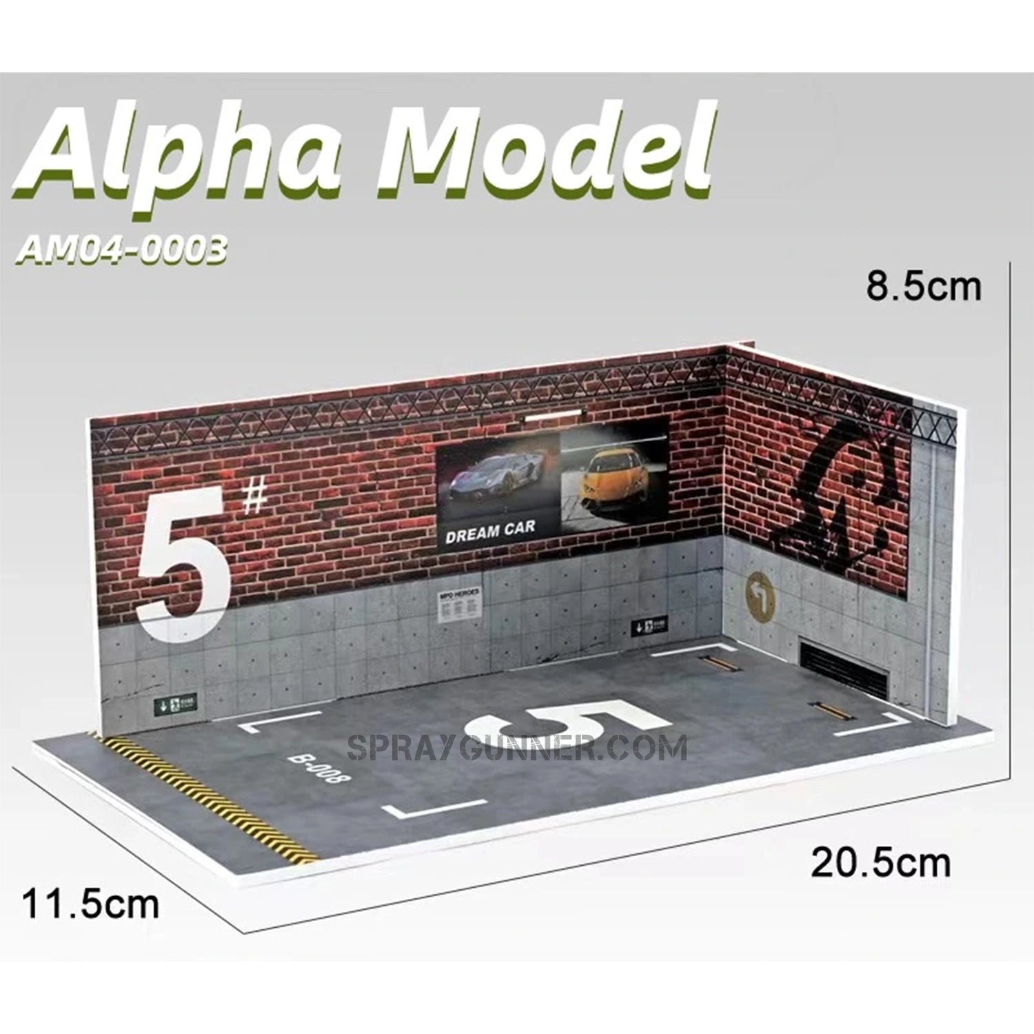 ALPHA MODEL 1/24 Model scene AM04-0003 featuring a realistic garage-style backdrop with brick walls and parking markings. Ideal for displaying scale model cars.