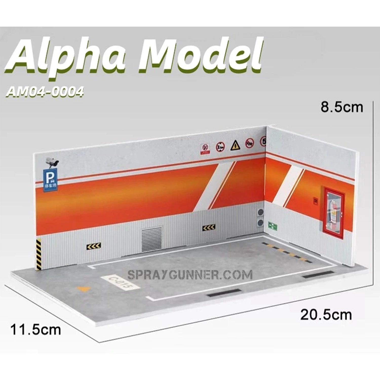 ALPHA MODEL 1/24 Model scene AM04-0004, a realistic scale model display setting for car models. Features detailed urban garage design, ideal for collectors.