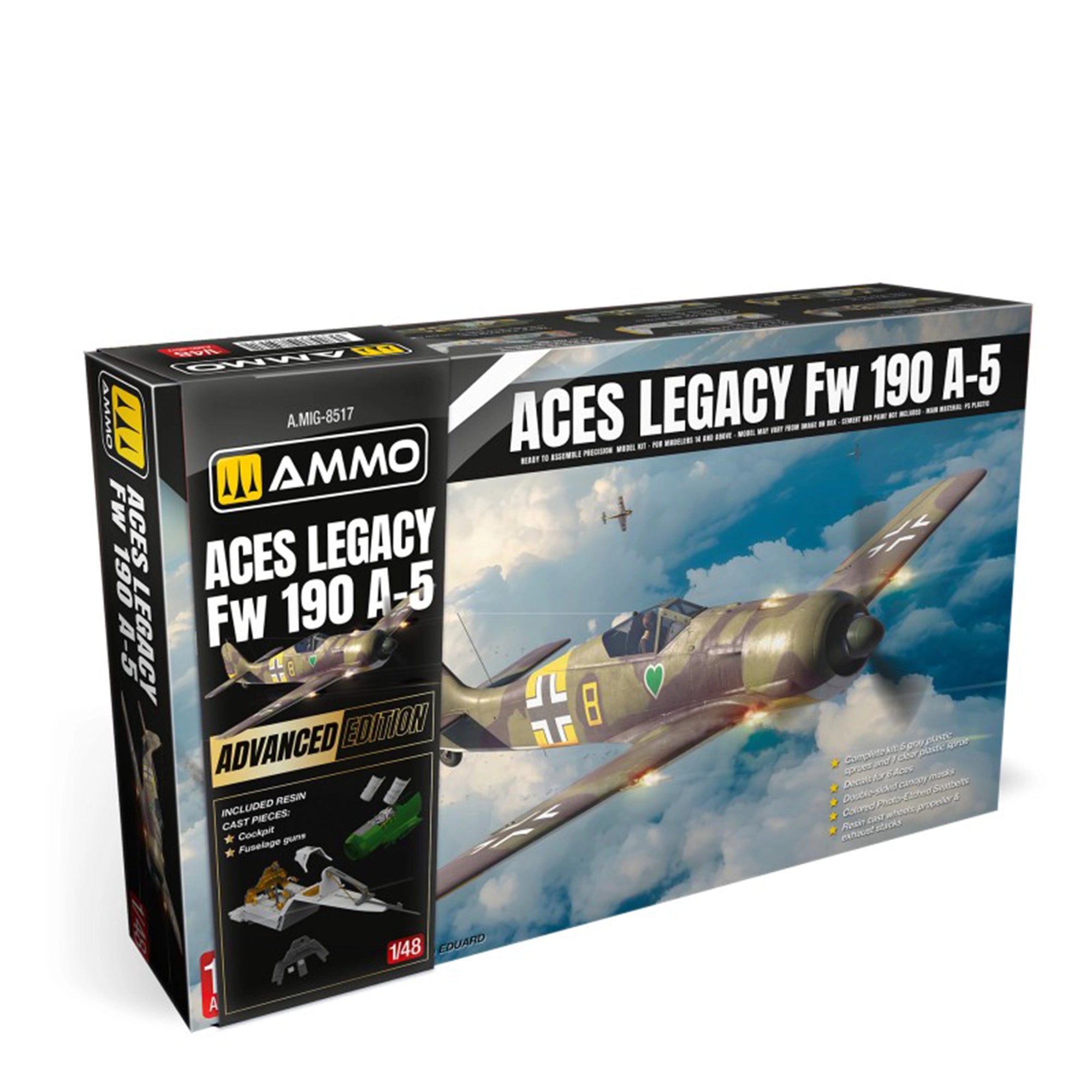 Focke Wulf 190 A-5 Model Kit | 1/48 Scale box art featuring AMMO by MIG Aces Legacy Advanced Edition with aircraft illustration and kit details.