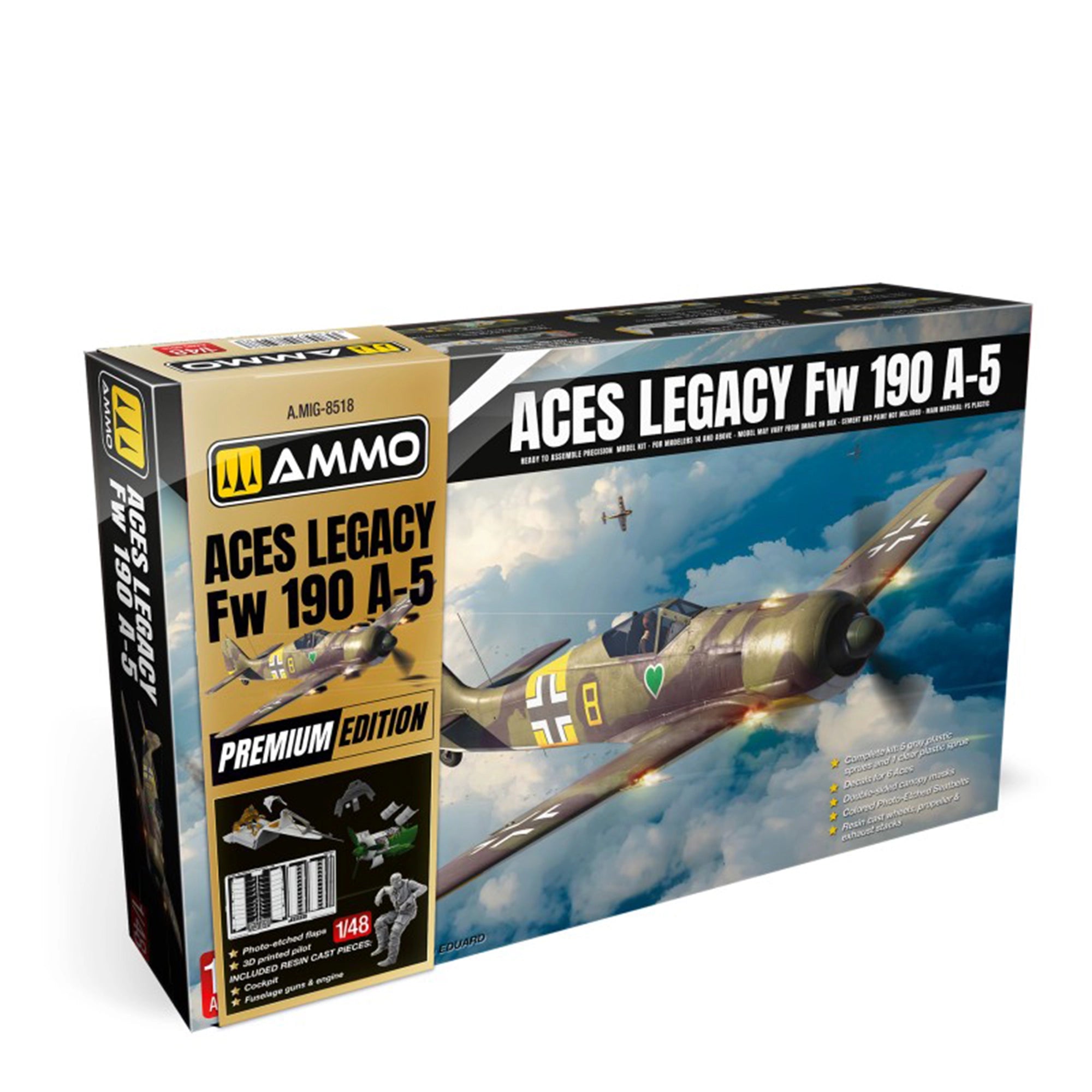 AMMO by MIG 1/48 Aces Legacy Focke Wulf 190 A-5 Premium Edition box featuring German Aces artwork and detailed kit contents.