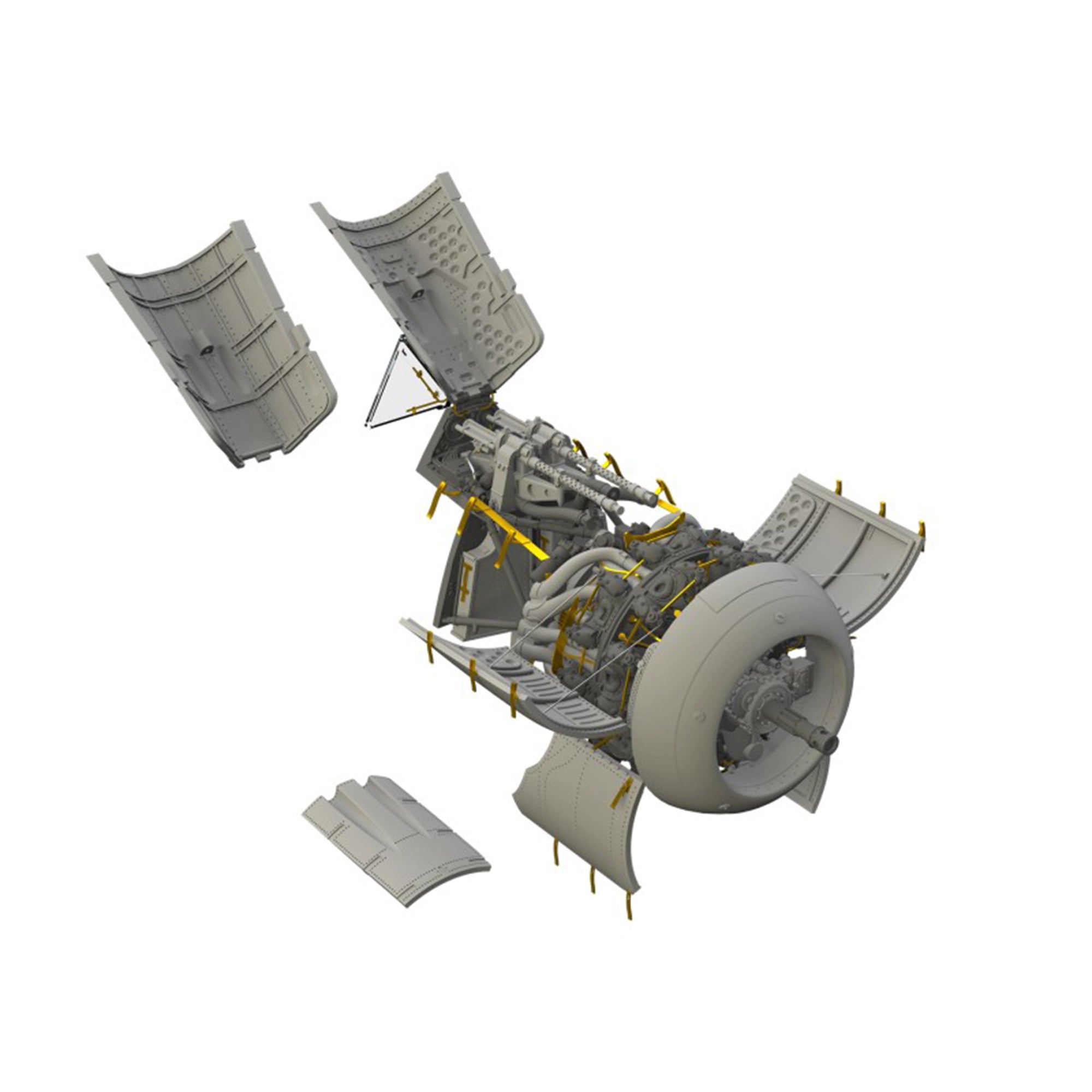 Detailed engine assembly of Focke Wulf 190 A-5 model kit showing internal components and open cowling panels.
