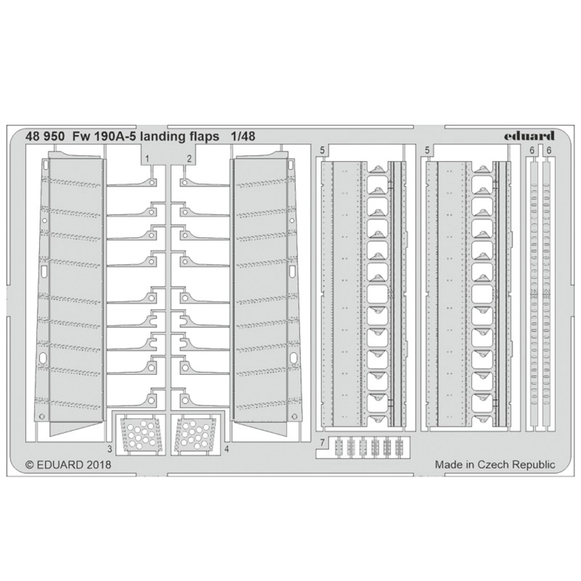 Photo-etched landing flaps by Eduard for 1/48 Focke Wulf 190 A-5 model kit, enhancing realism and accuracy.