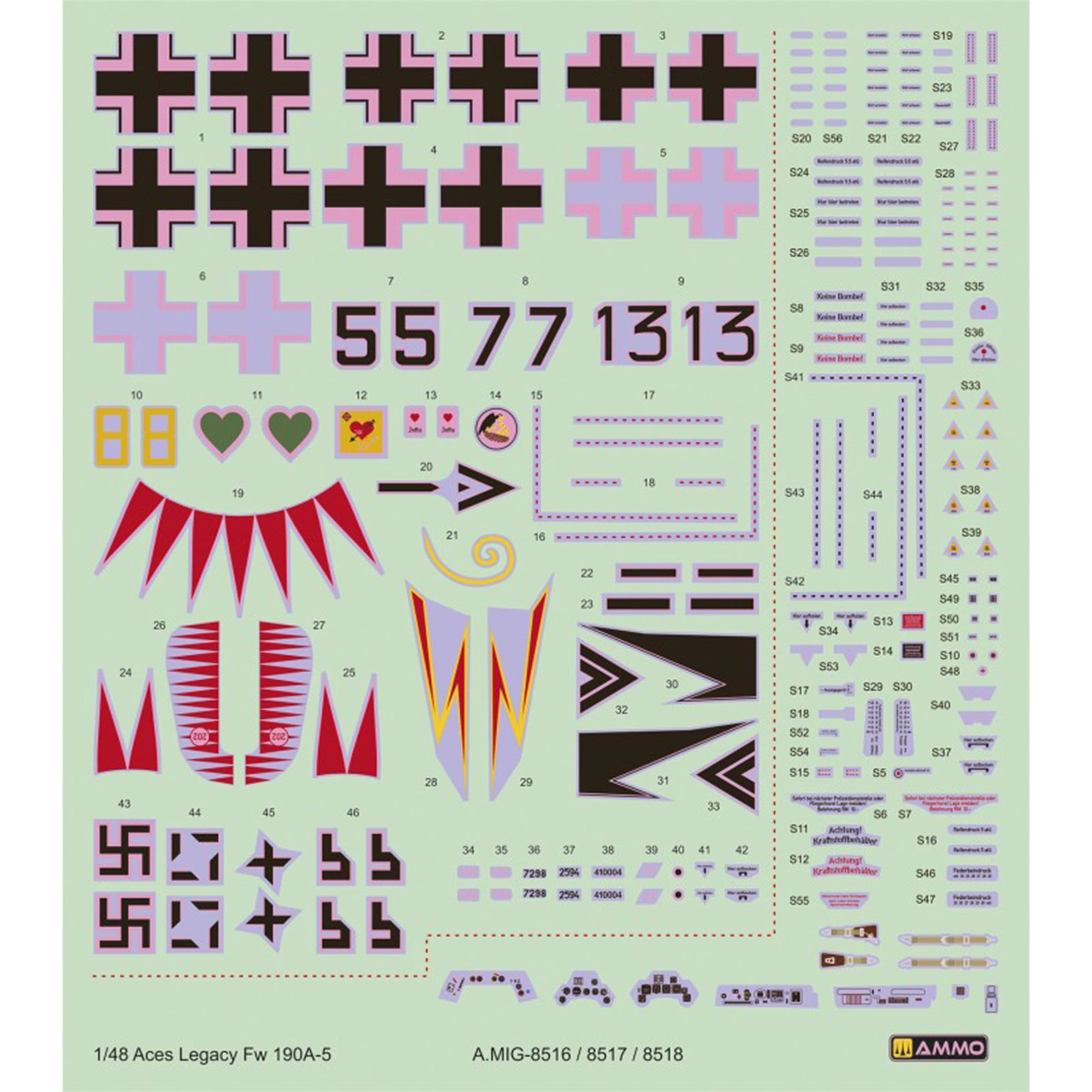 Decal sheet for AMMO by MIG Focke Wulf 190 A-5 model kit featuring German Aces insignia and detailed markings.