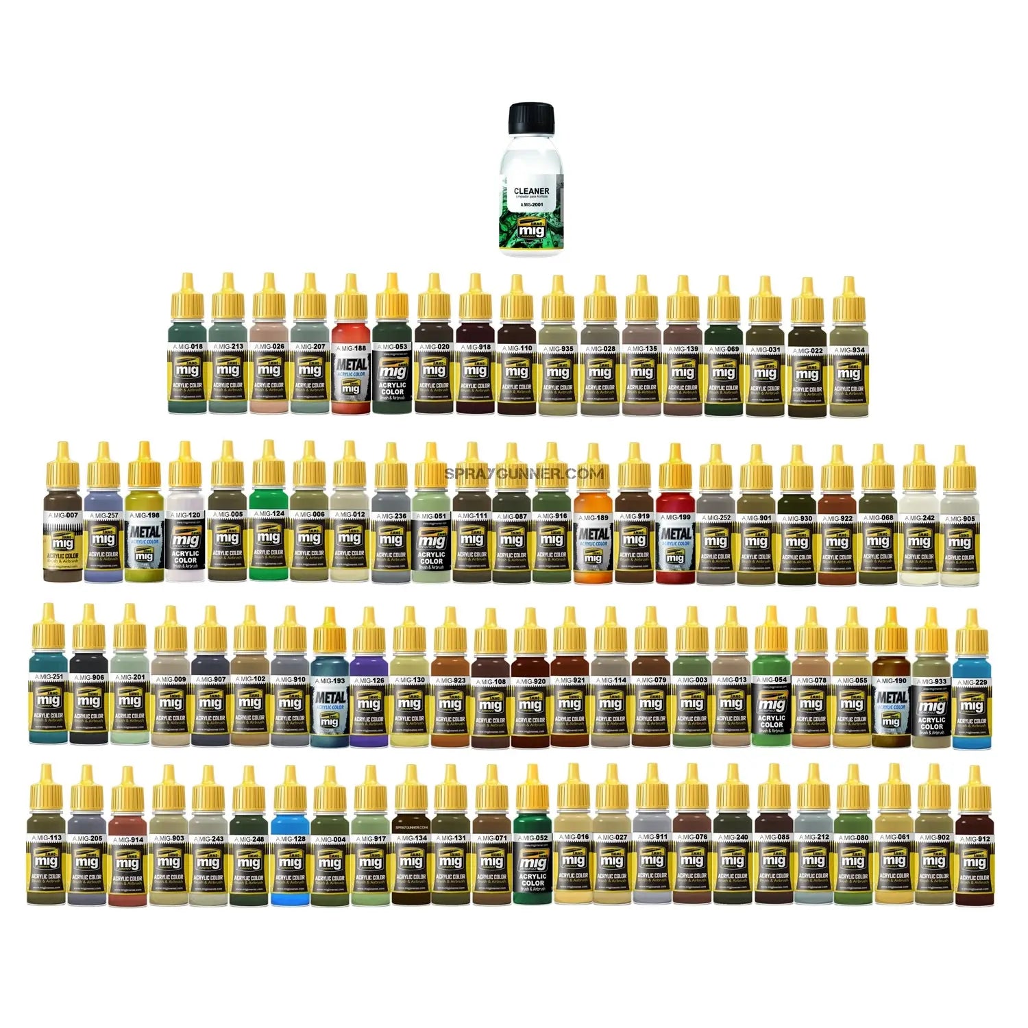 Ultimate Paint Set - AMMO by MIG Collection features 72 acrylic airbrush paints and cleaner for scale modeling and figure painting projects.