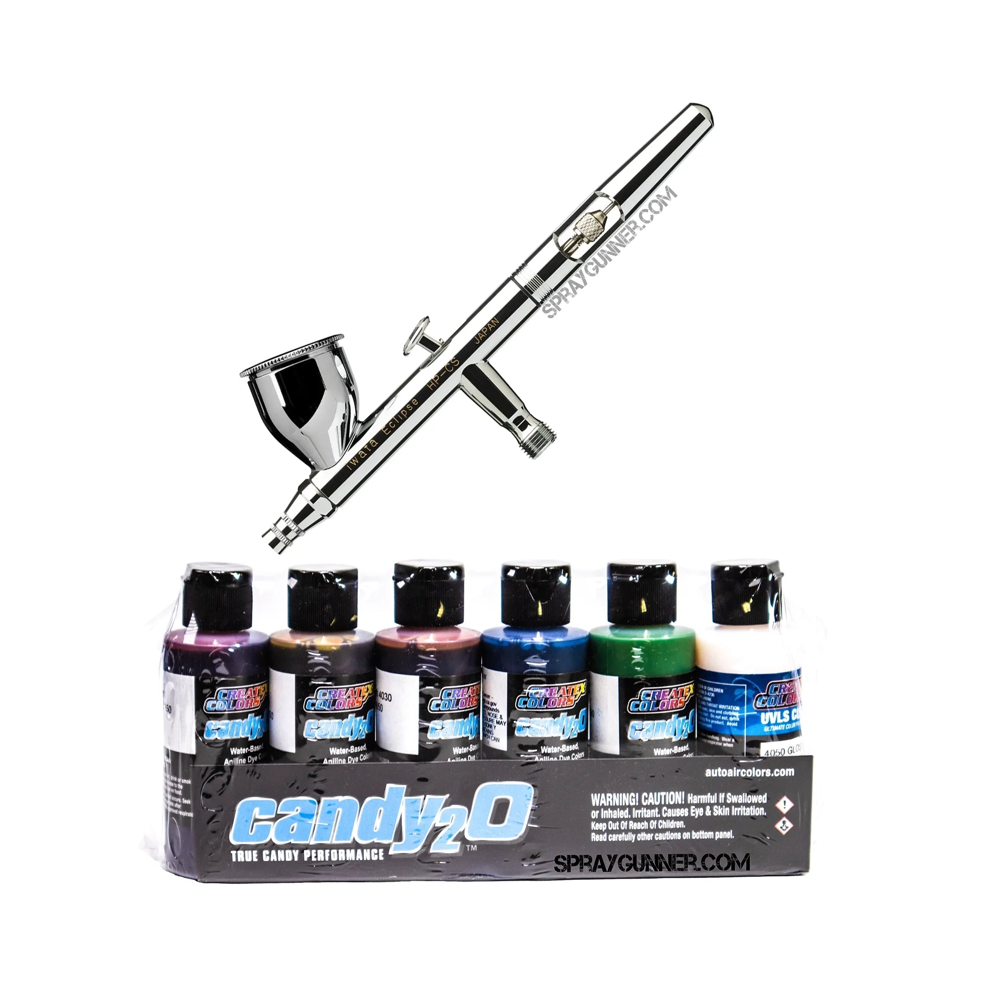 Iwata Eclipse HP-CS Bundle with Candy2O Primary Set, featuring a precision airbrush and six vibrant Createx candy colors for professional airbrushing.