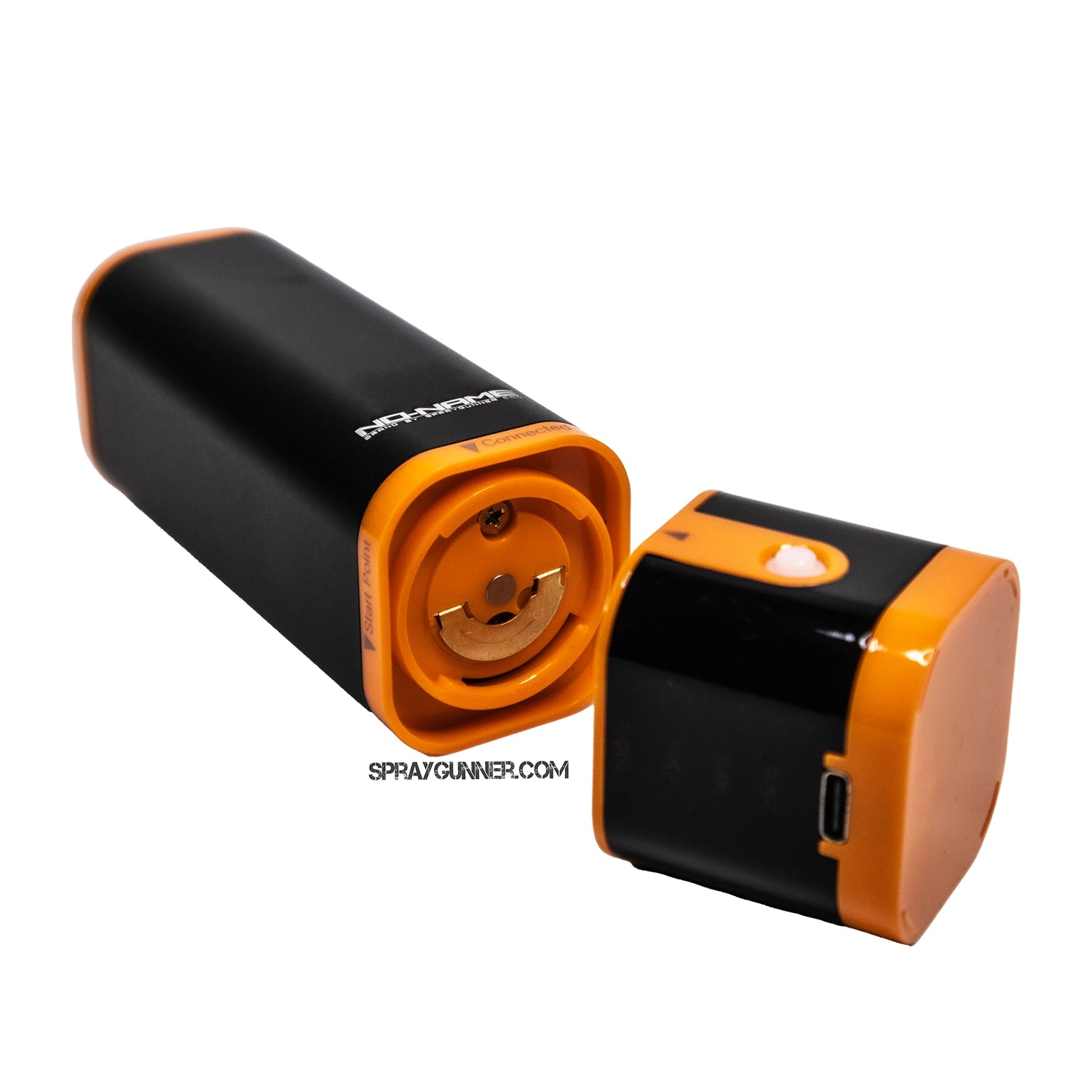 NO-NAME Brand airbrushing compressor that runs on a cordless battery. For intricate airbrush work, this small, lightweight design with an orange and black finish is perfect.