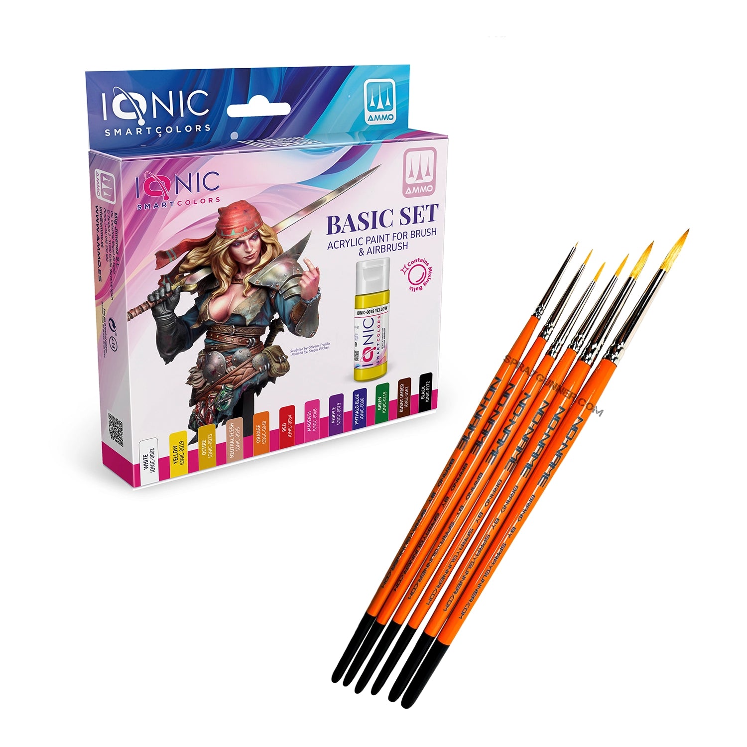IONIC Basic Paint Set for Miniatures + NO-NAME Synthetic Round Brush Set - Urbanlystore