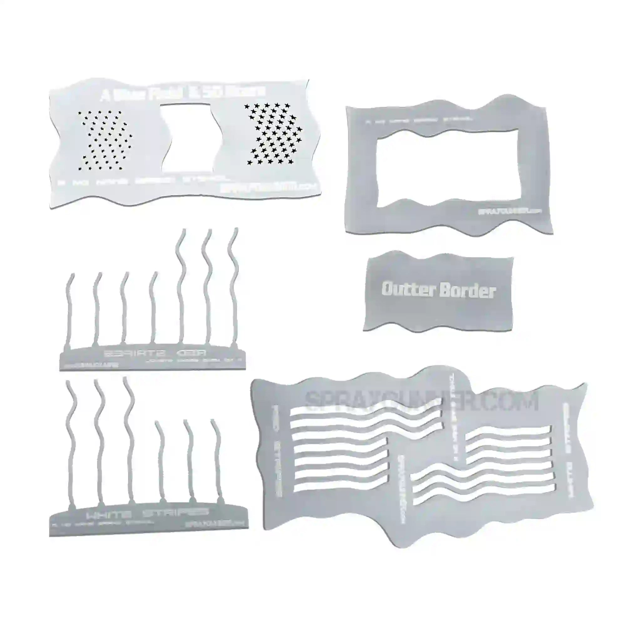 American Flag Stencil Set with 4-part Mylar templates for stars, stripes, and borders. Ideal for airbrushing patriotic designs on crafts.
