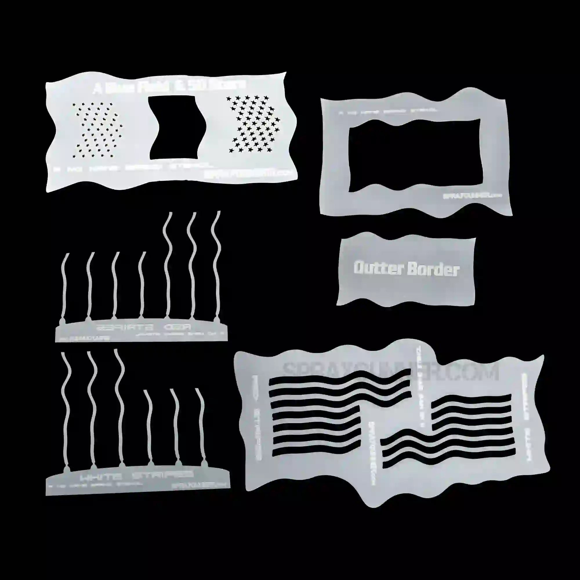 Durable 4-piece American Flag Stencil Set shown on black background, includes stars, stripes, and border templates for precise flag artwork.