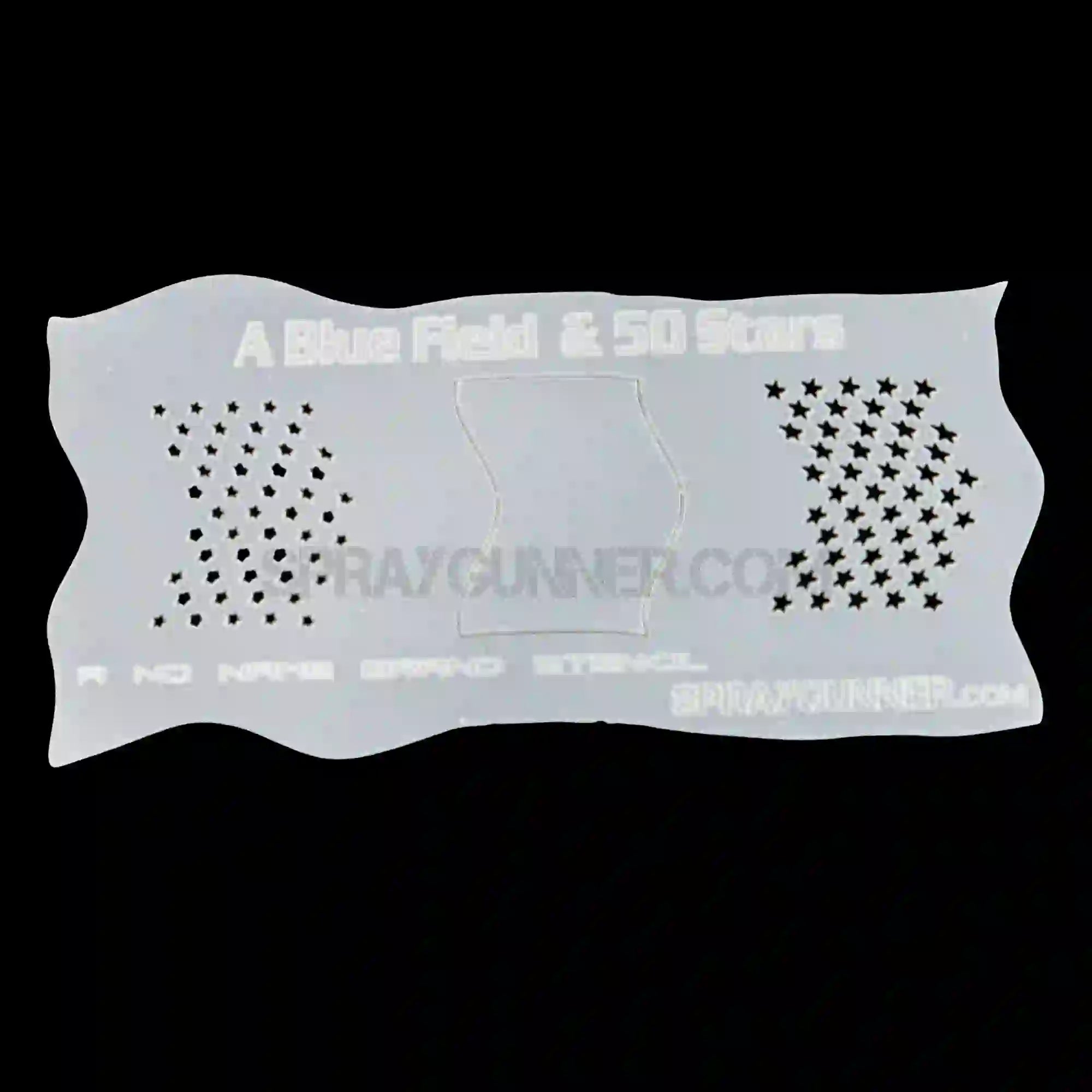 Star field stencil with 50 stars for American flag, labeled 'A Blue Field & 50 Stars'. Ideal for patriotic airbrush projects.