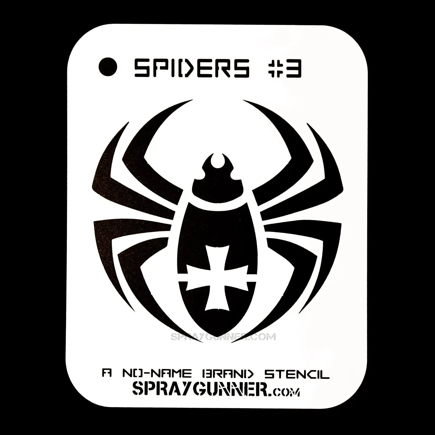 NO-NAME Brand Spiders Stencil #3 features a bold spider design for precision airbrushing and hobby crafts. Ideal for cosplay, body art, and DIY projects.