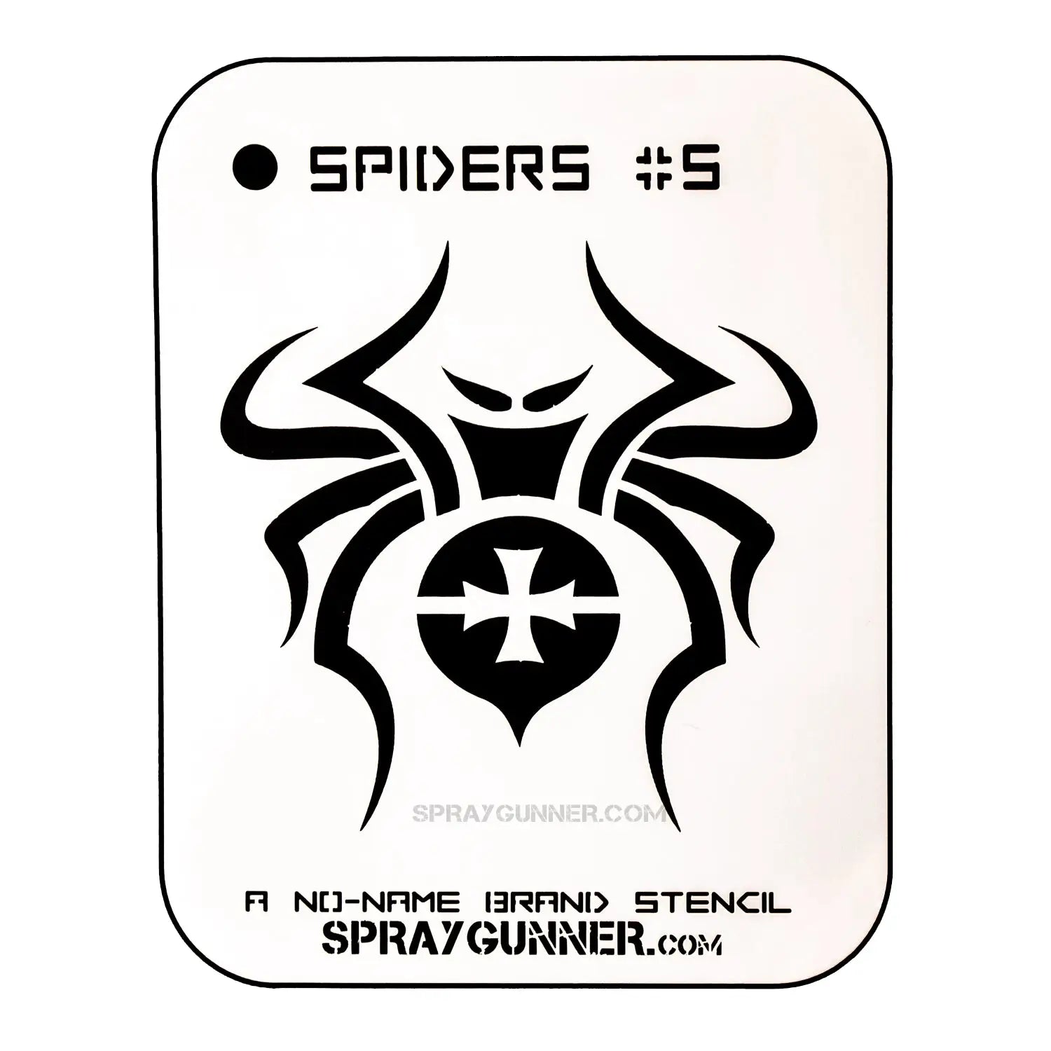 NO-NAME Brand Spiders Stencil #5 features a bold spider design with sharp lines, ideal for airbrushing and hobby crafts. Part of the Smart Stencil series.