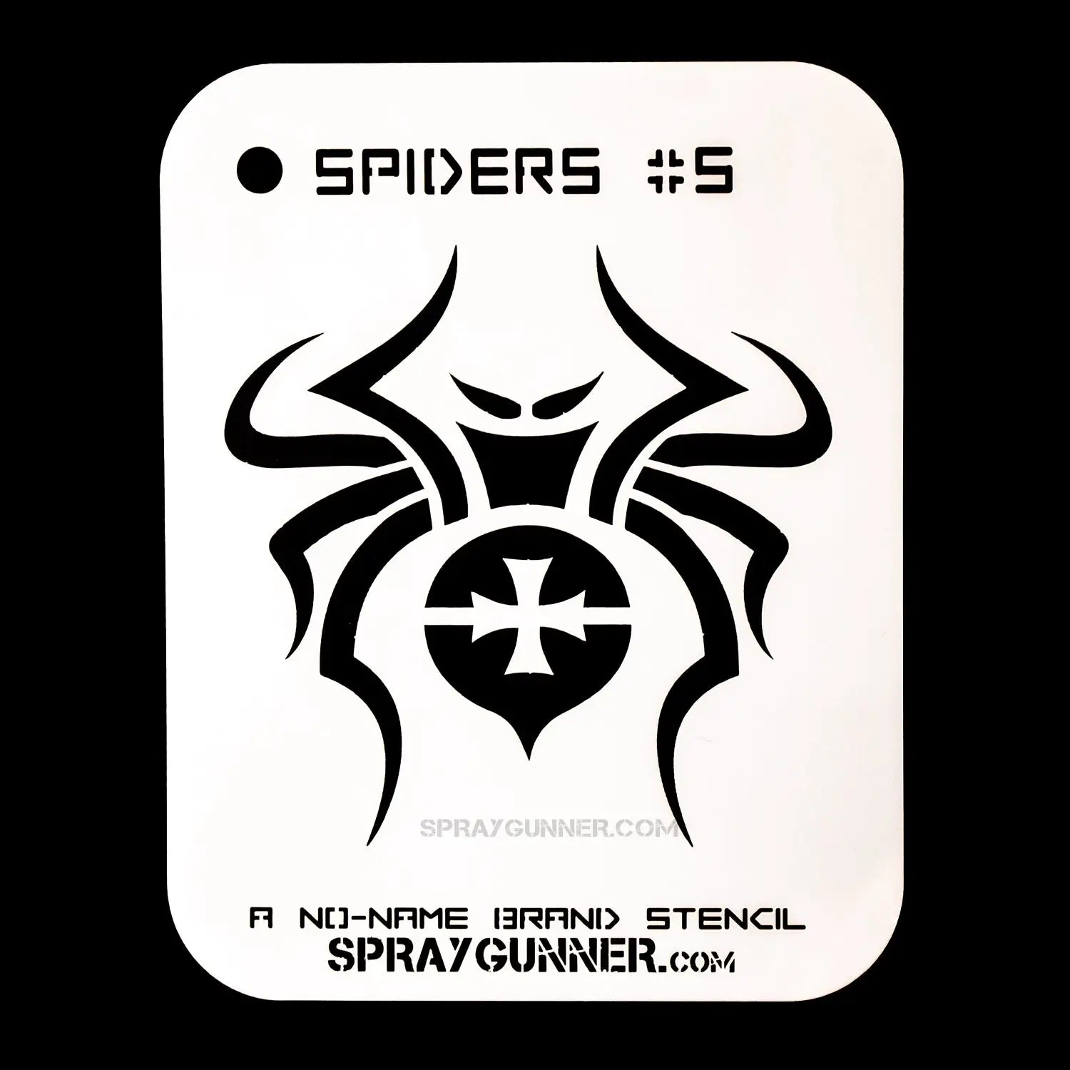 NO-NAME Brand Spiders Stencil #5 features a bold spider design with sharp lines, ideal for airbrushing and hobby crafts. Part of the Smart Stencil series.