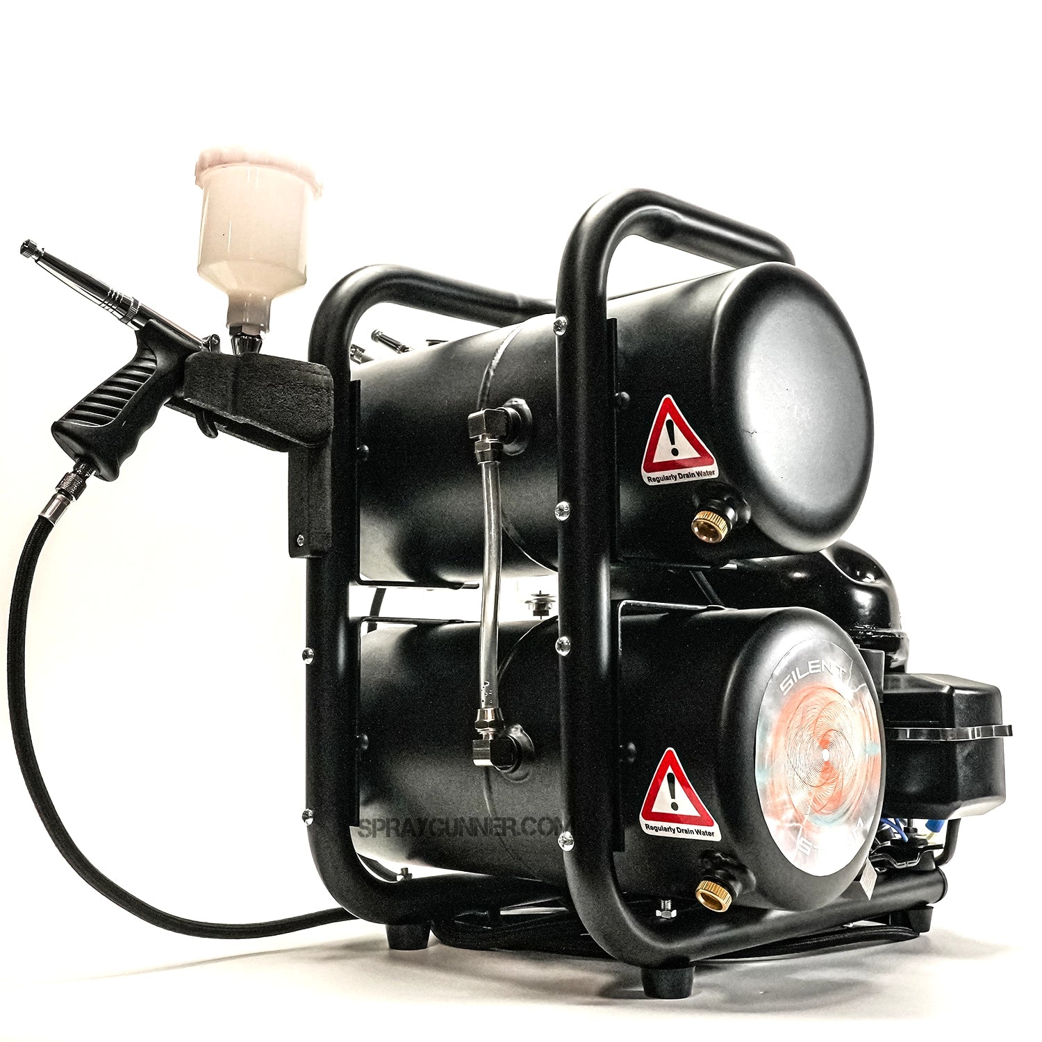 Silent Storm Air Compressor by NO-NAME, a compact and ultra-quiet compressor for airbrushing. Features dual tanks and a sturdy black frame for stability.