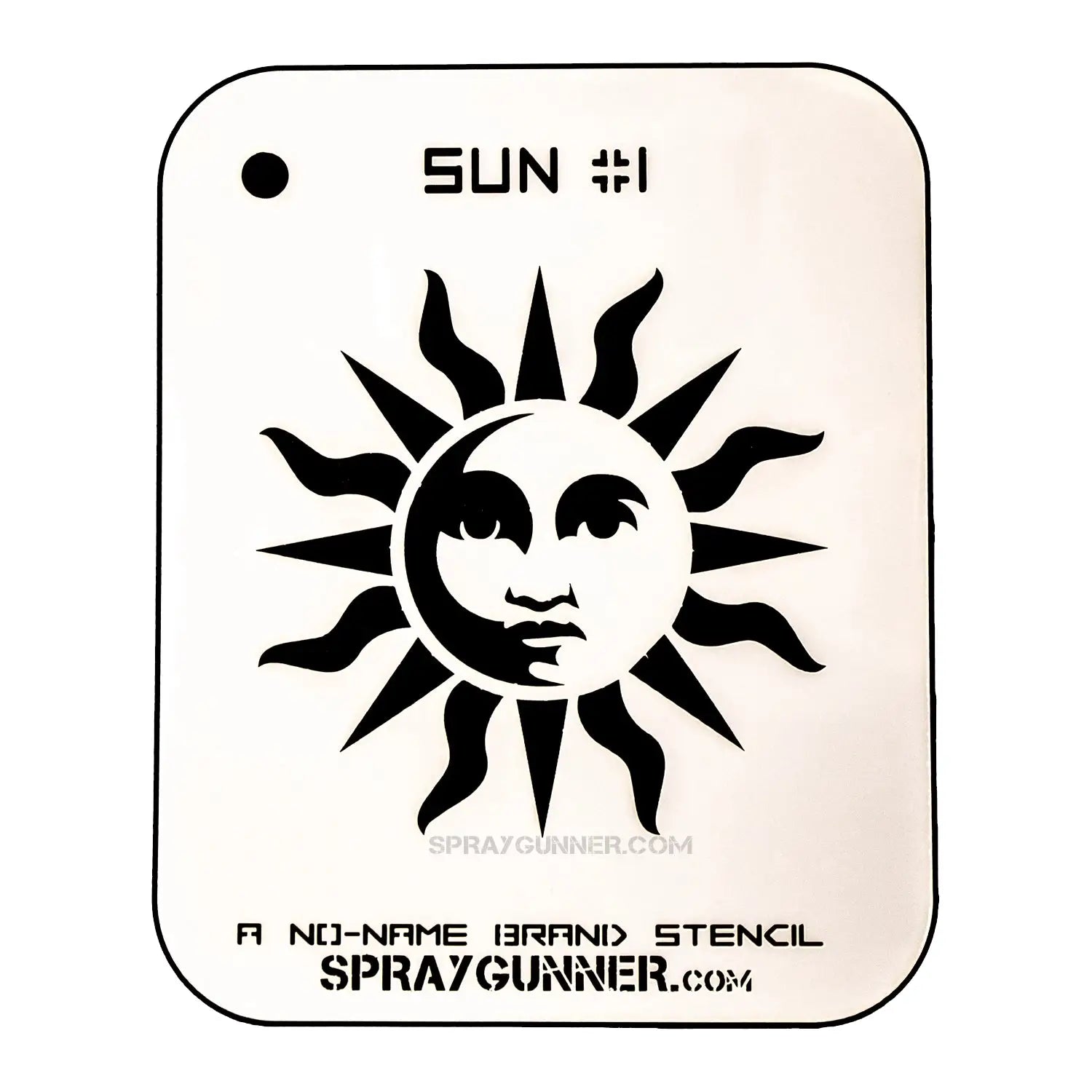 Sun Stencil NO-NAME features a bold sun face design on solvent-proof mylar, ideal for airbrushing, cosplay, and hobby stencil projects.