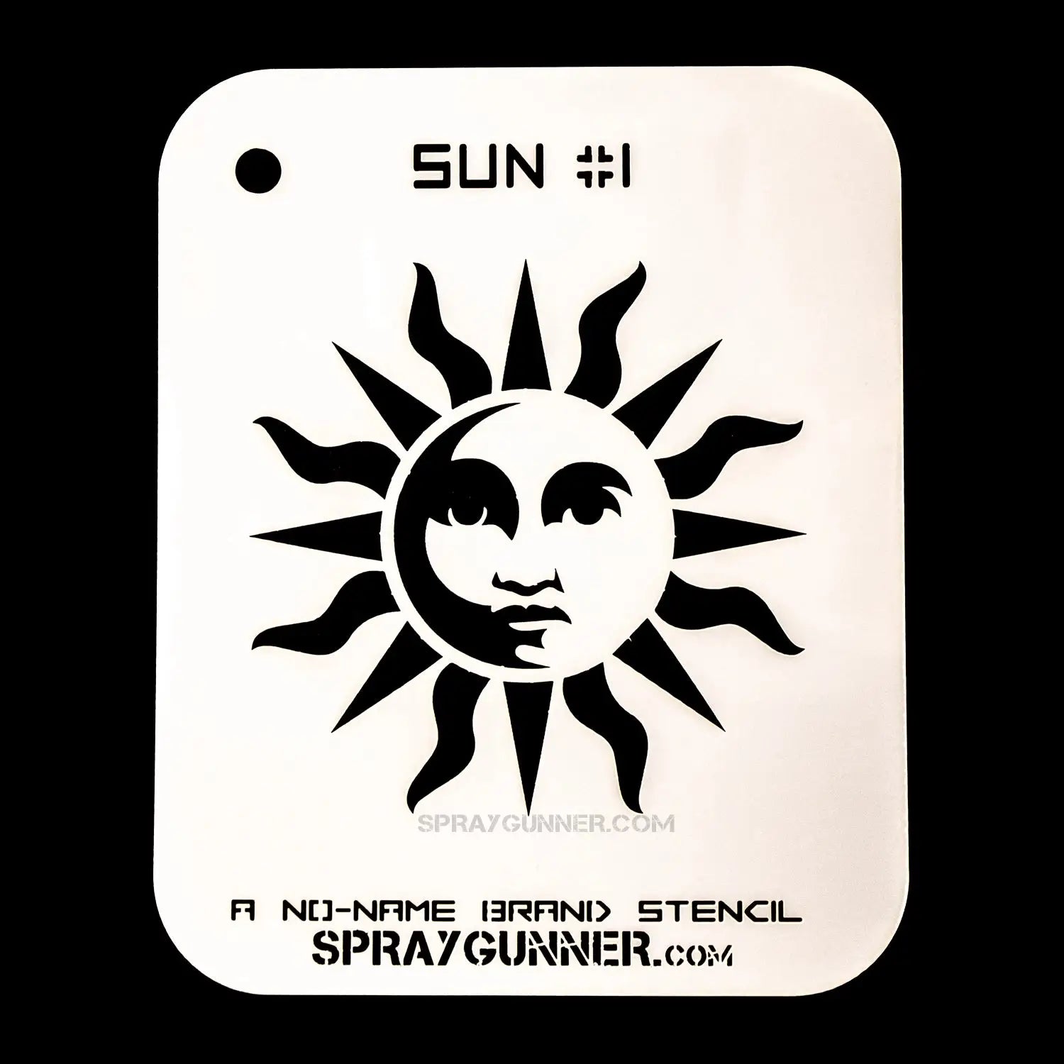 Sun Stencil NO-NAME features a bold sun face design on solvent-proof mylar, ideal for airbrushing, cosplay, and hobby stencil projects.