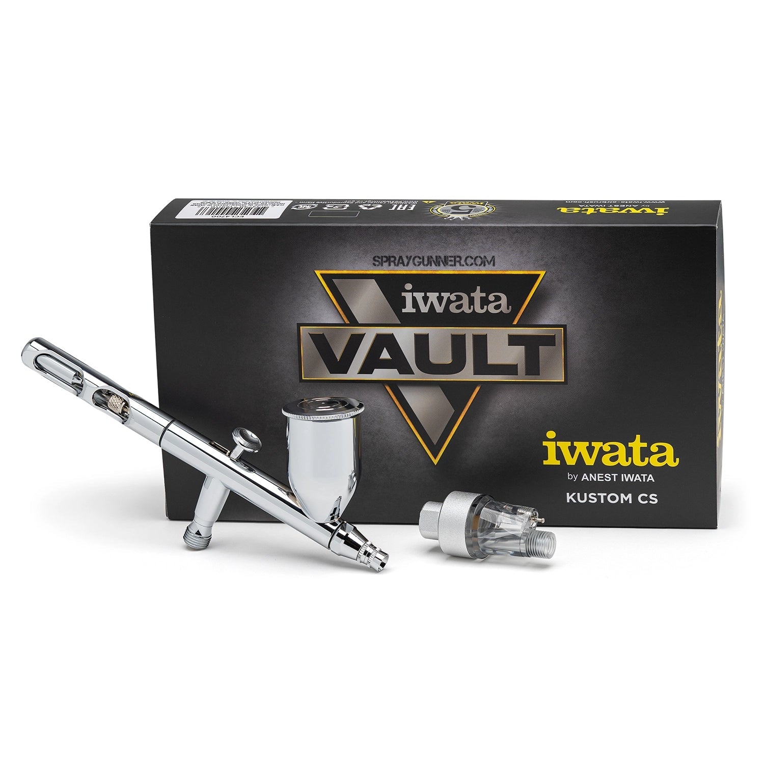 Open Box IWATA VAULT KUSTOM CS Gravity Feed Dual Action Airbrush with chrome body and nozzle, displayed in front of branded packaging box.