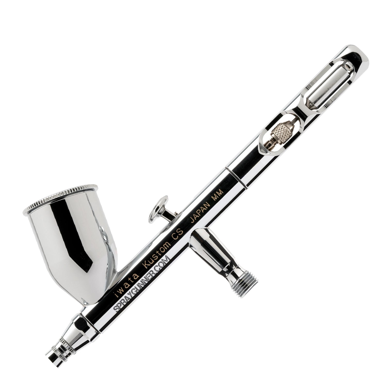 Open and visible in front of a branded packaging box is the chrome-bodied, nozzle-equipped IWATA VAULT KUSTOM CS Gravity Feed Dual Action Airbrush.