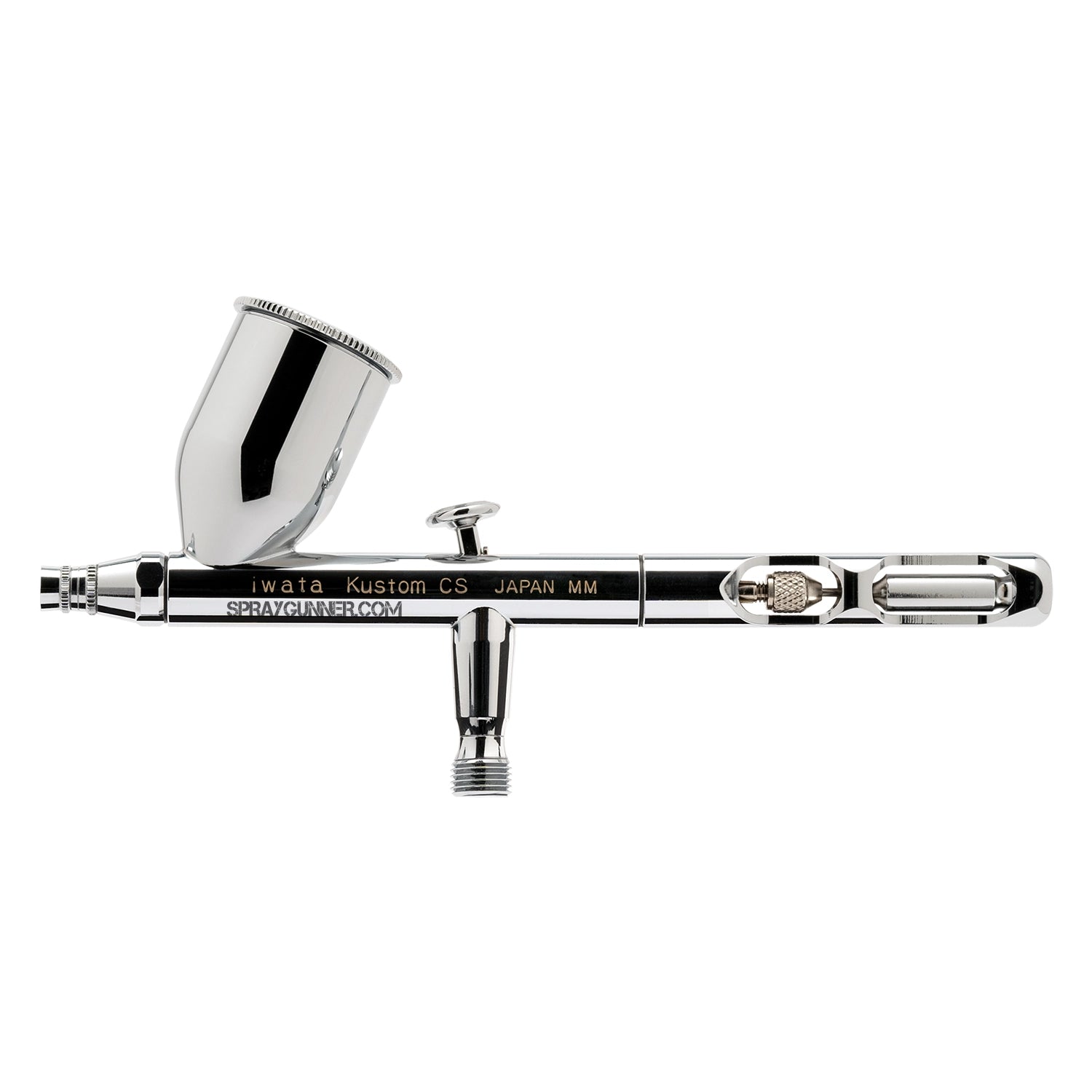 In front of a branded packaging box, the chrome-bodied IWATA VAULT KUSTOM CS Gravity Feed Dual Action Airbrush is open and visible.