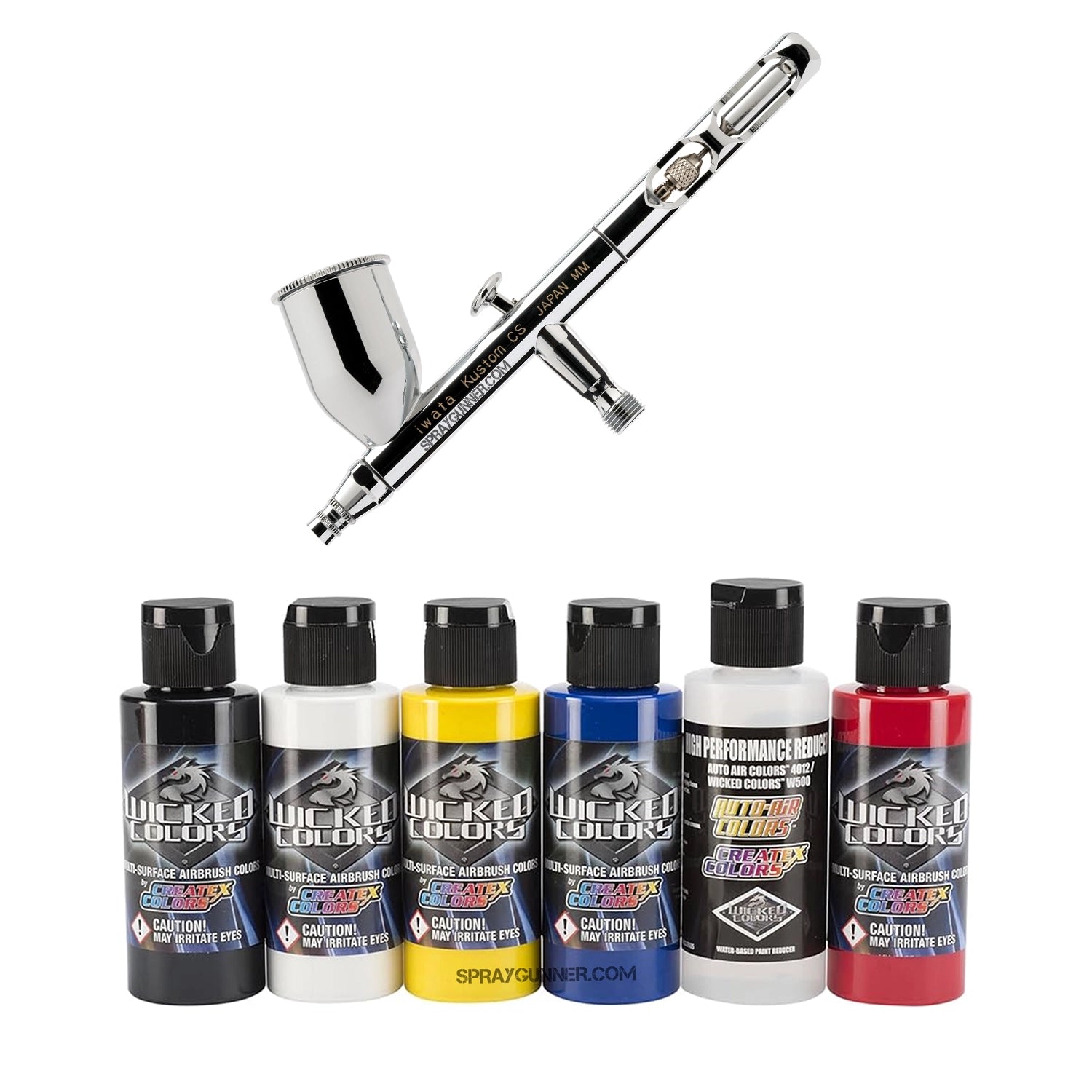 The chrome-bodied IWATA VAULT KUSTOM CS Gravity Feed Dual Action Airbrush with nozzle is open and evident in front of a branded packaging box.