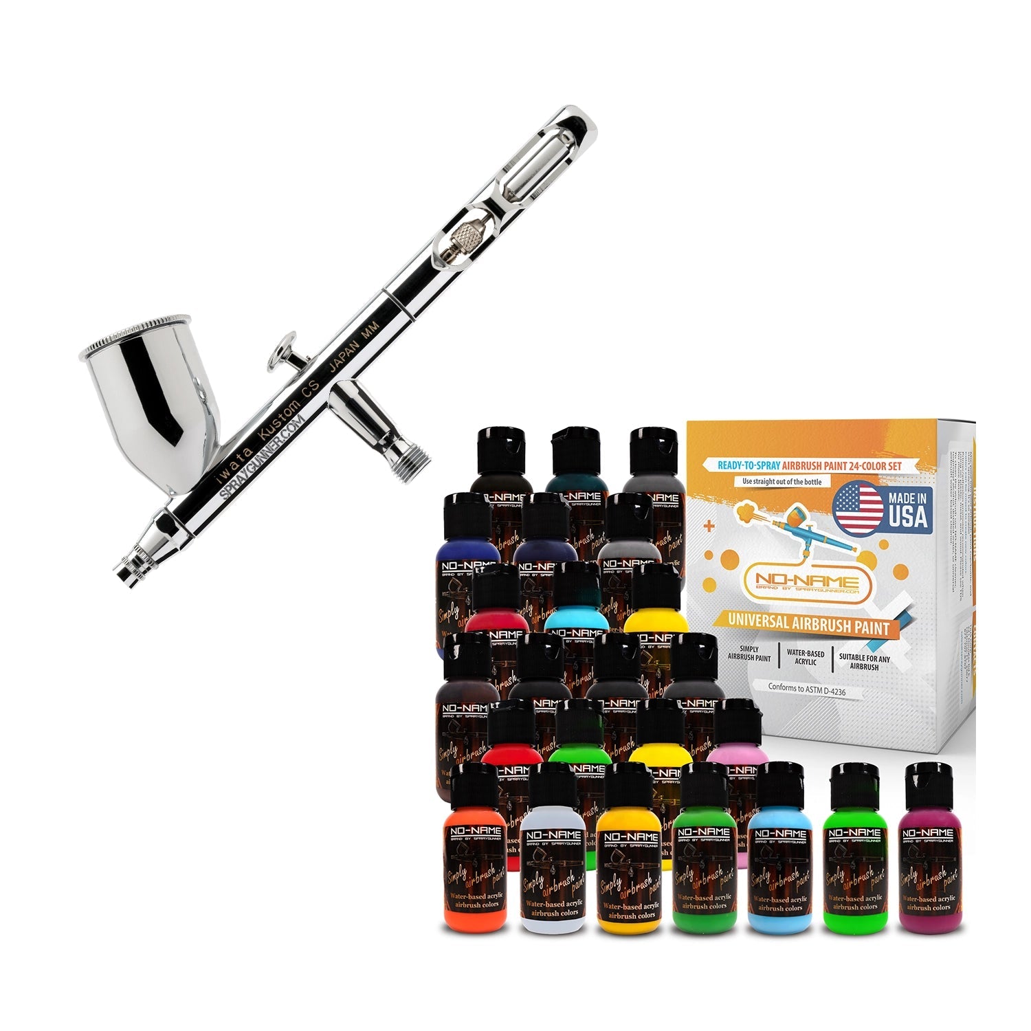In front of a branded packaging box, the chrome-bodied, nozzle-equipped IWATA VAULT KUSTOM CS Gravity Feed Dual Action Airbrush is open and visible.