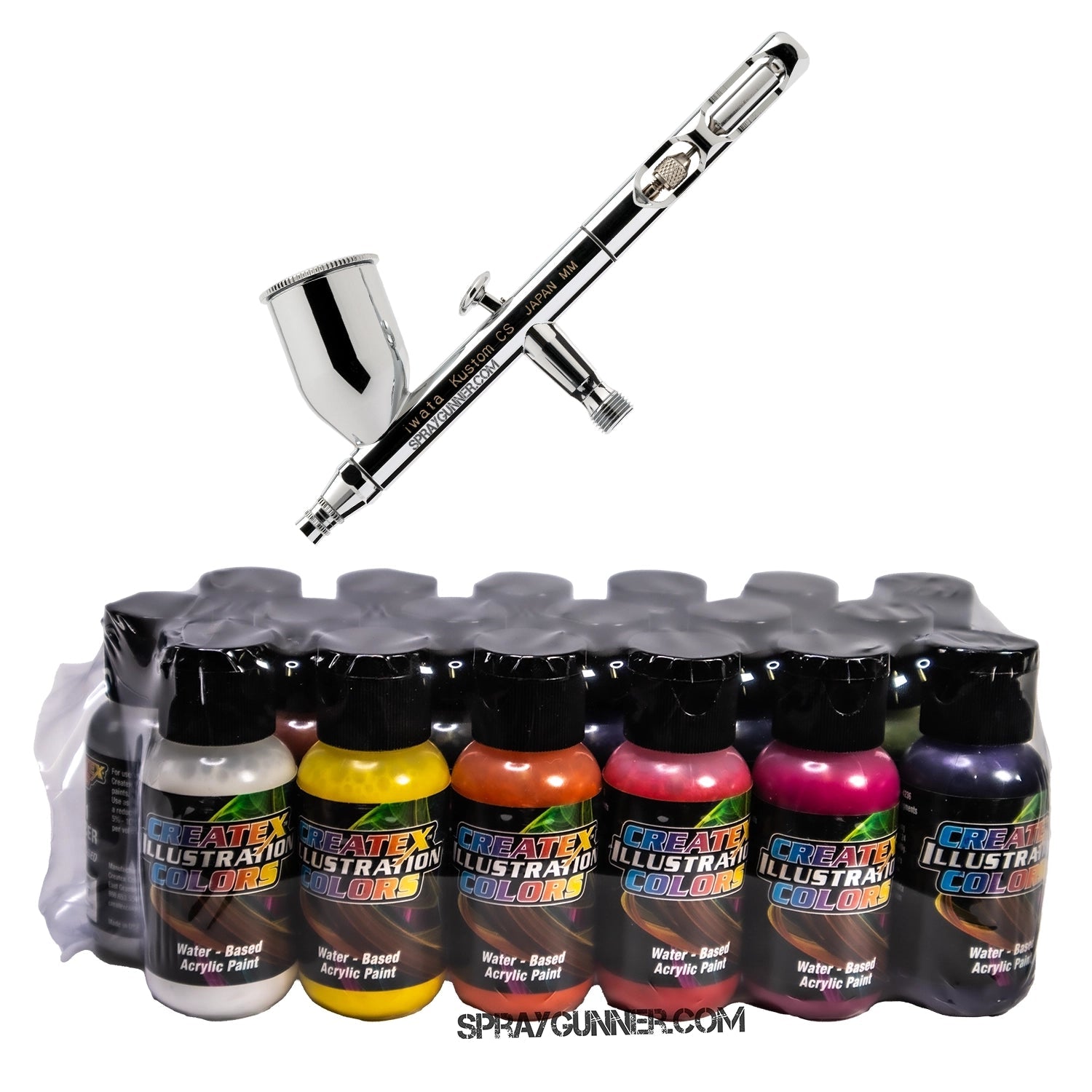 A branded packaging box displays the open, nozzle-equipped IWATA VAULT KUSTOM CS Gravity Feed Dual Action Airbrush with a chrome body.