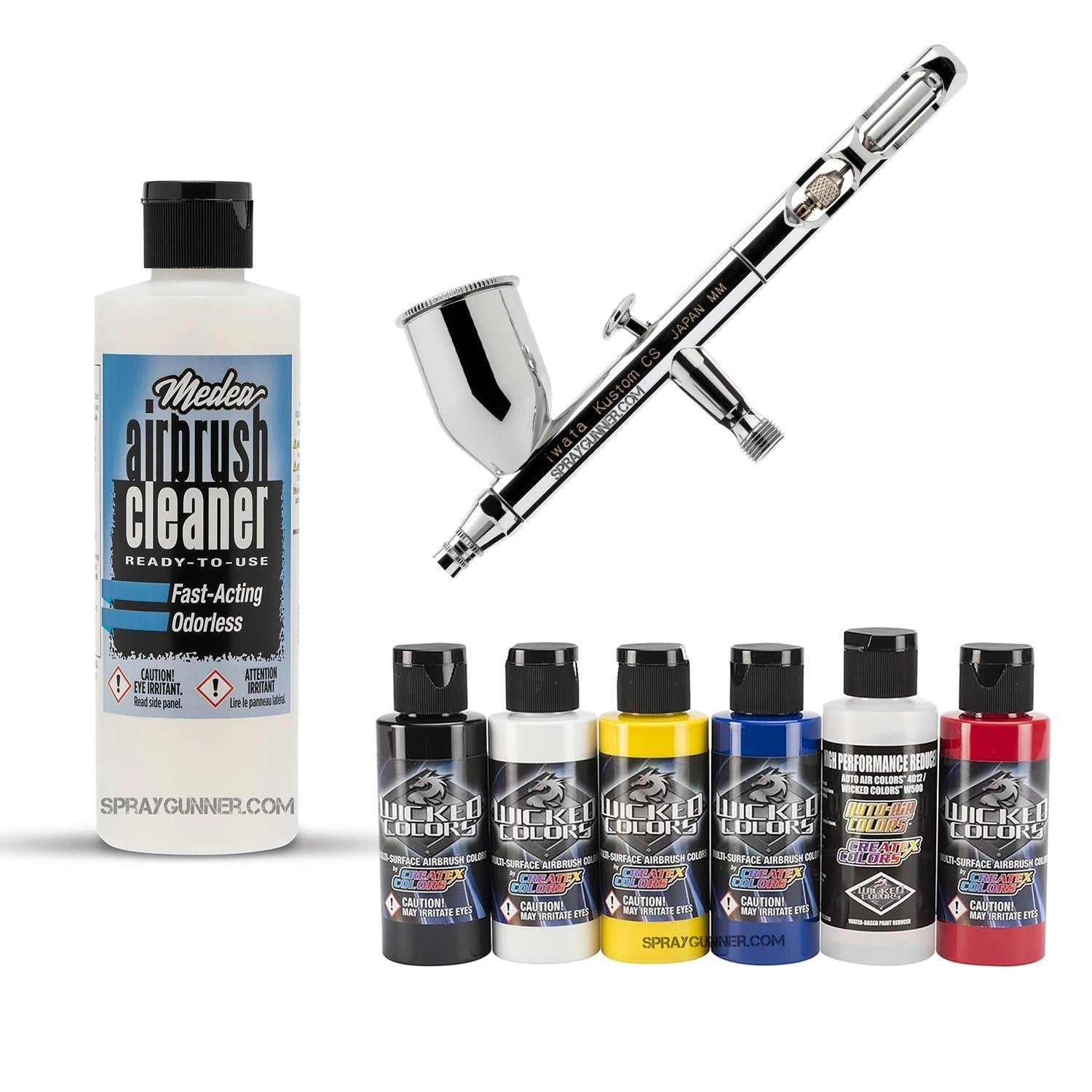 In front of a branded packaging box is the IWATA VAULT KUSTOM CS Gravity Feed Dual Action Airbrush, which has a chrome body and a nozzle.