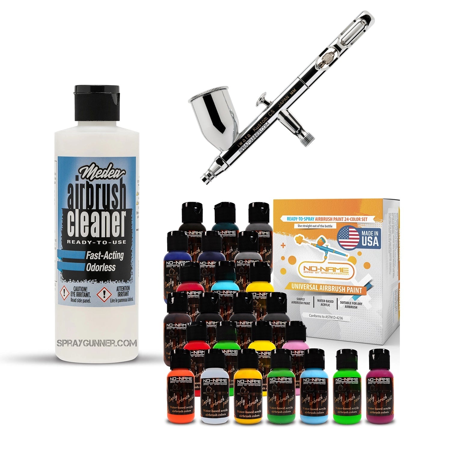 In front of a branded packaging box is the chrome-bodied, nozzle-equipped IWATA VAULT KUSTOM CS Gravity Feed Dual Action Airbrush.