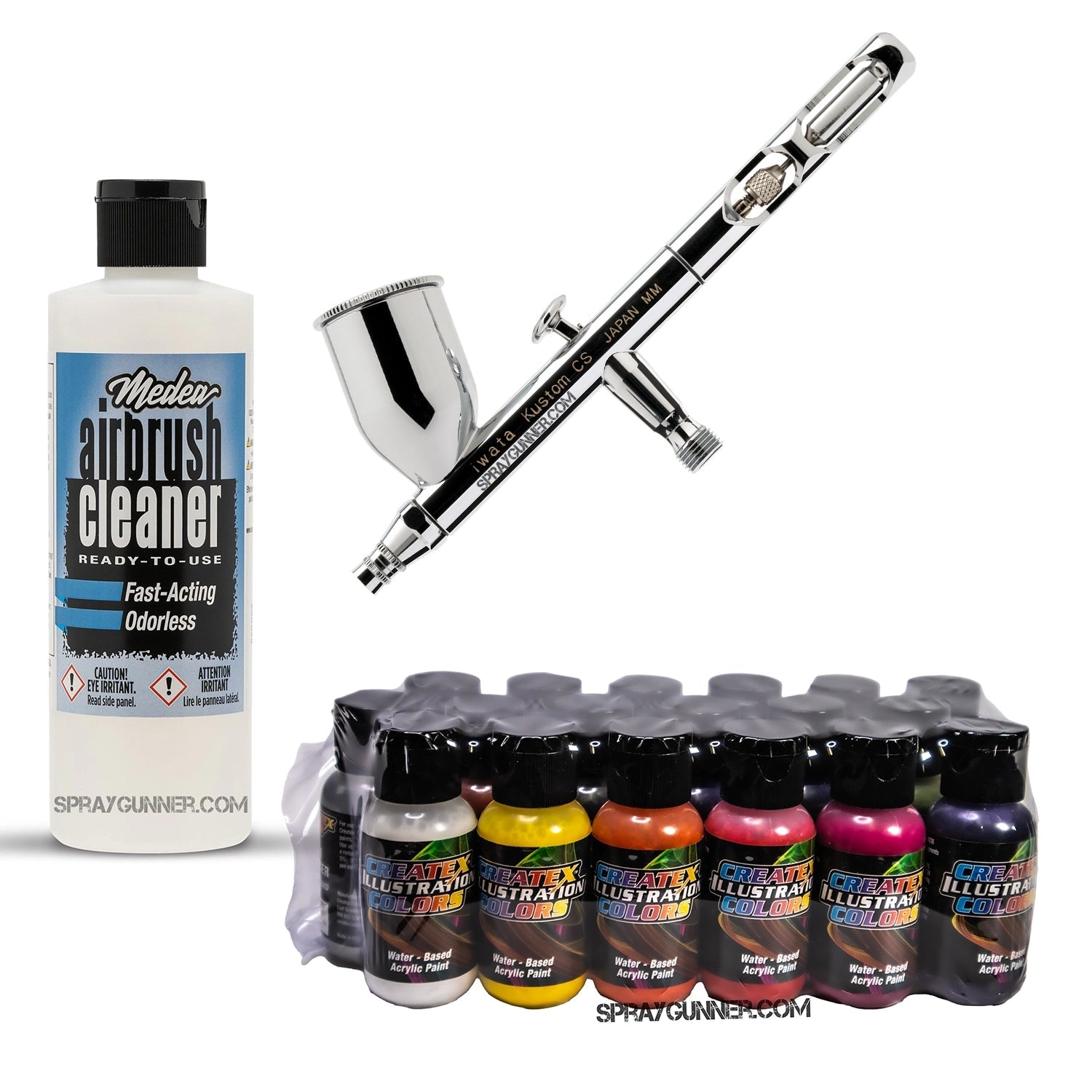 This image shows the IWATA VAULT KUSTOM CS Gravity Feed Dual Action Airbrush with a chrome body and nozzle in front of a branded packaging box.