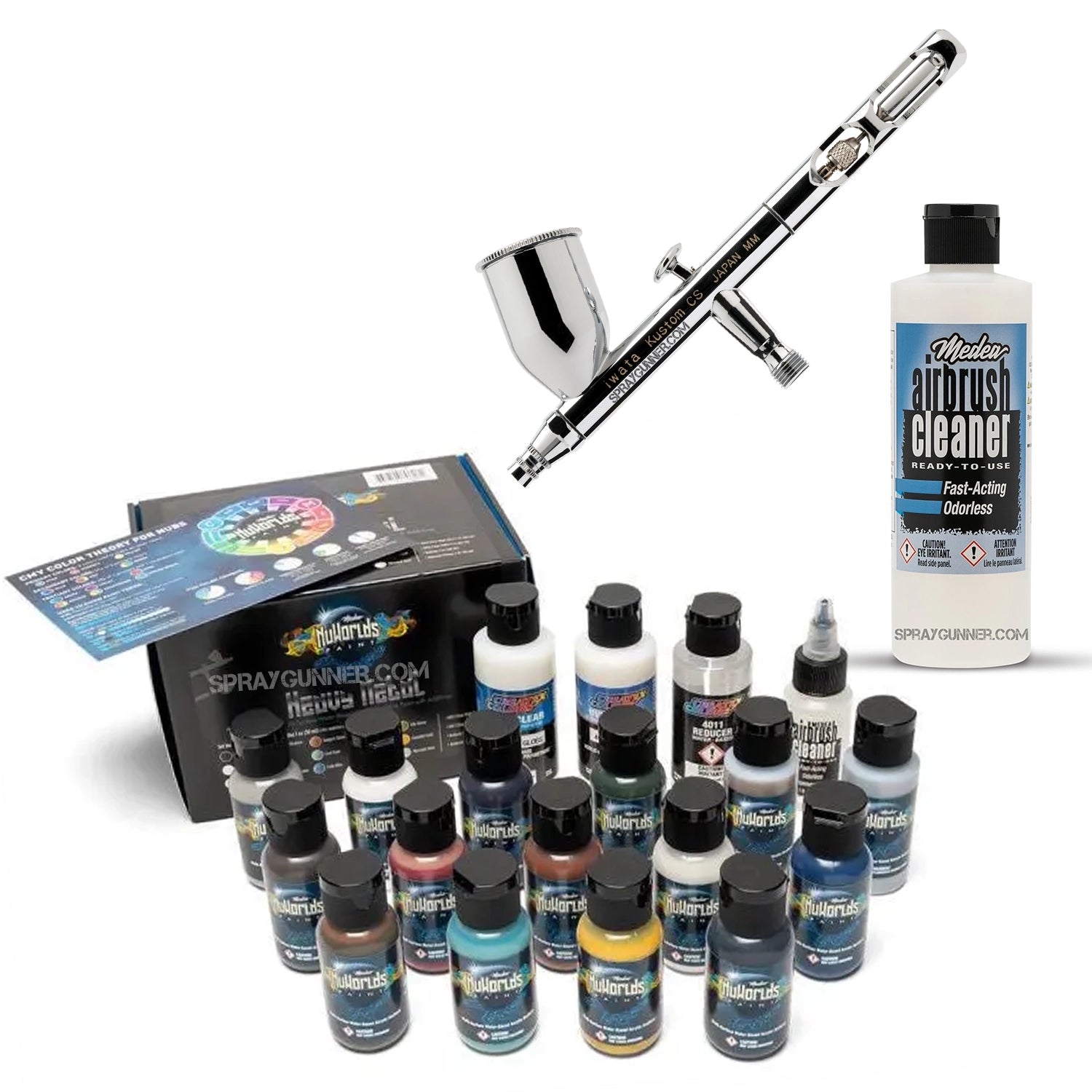 The chrome body and nozzle of the IWATA VAULT KUSTOM CS Gravity Feed Dual Action Airbrush are displayed in front of a branded packaging box in this picture.