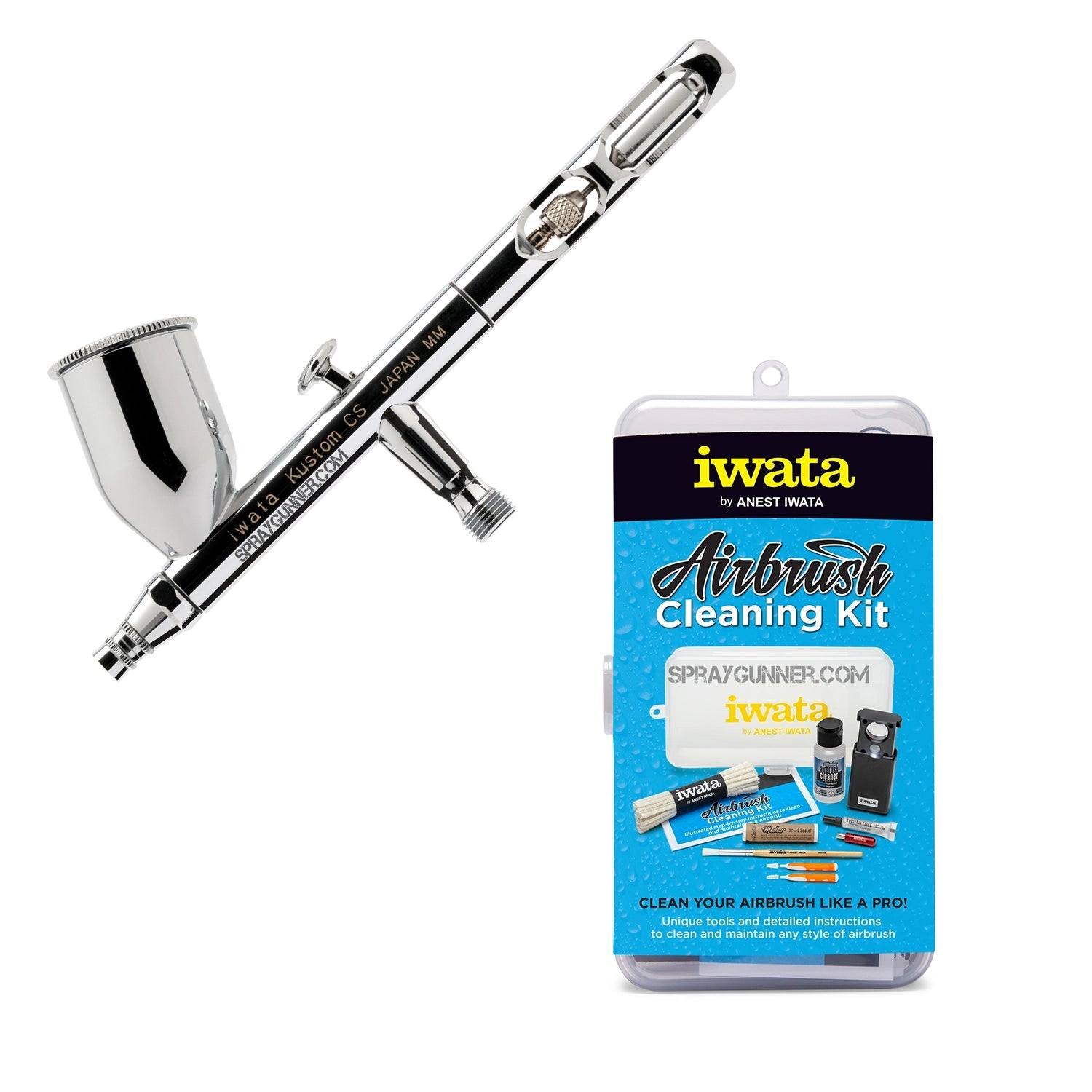 This picture displays a branded packaging box in front of the chrome-bodied IWATA VAULT KUSTOM CS Gravity Feed Dual Action Airbrush with a chrome nozzle.