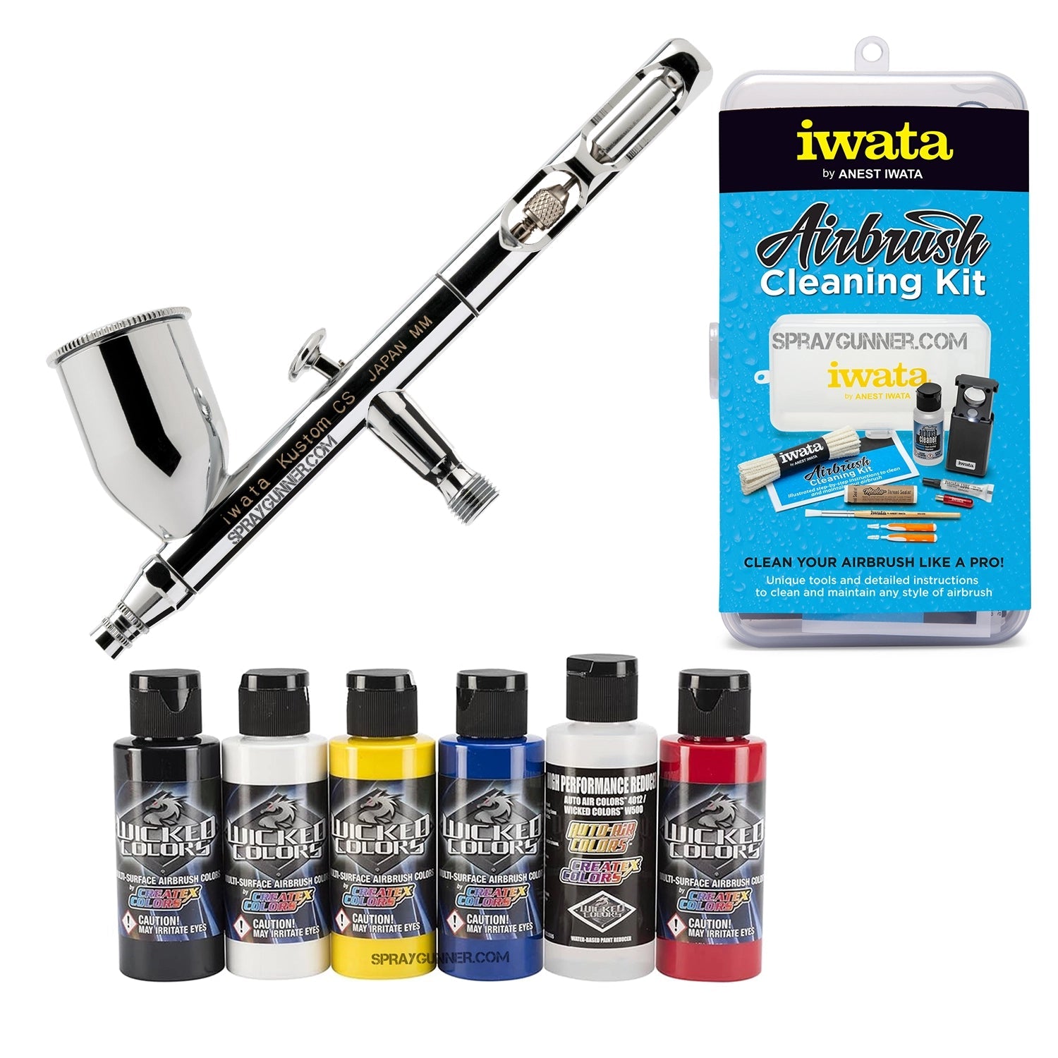 A branded packaging box is in front of the chrome-bodied IWATA VAULT KUSTOM CS Gravity Feed Dual Action Airbrush in this picture.