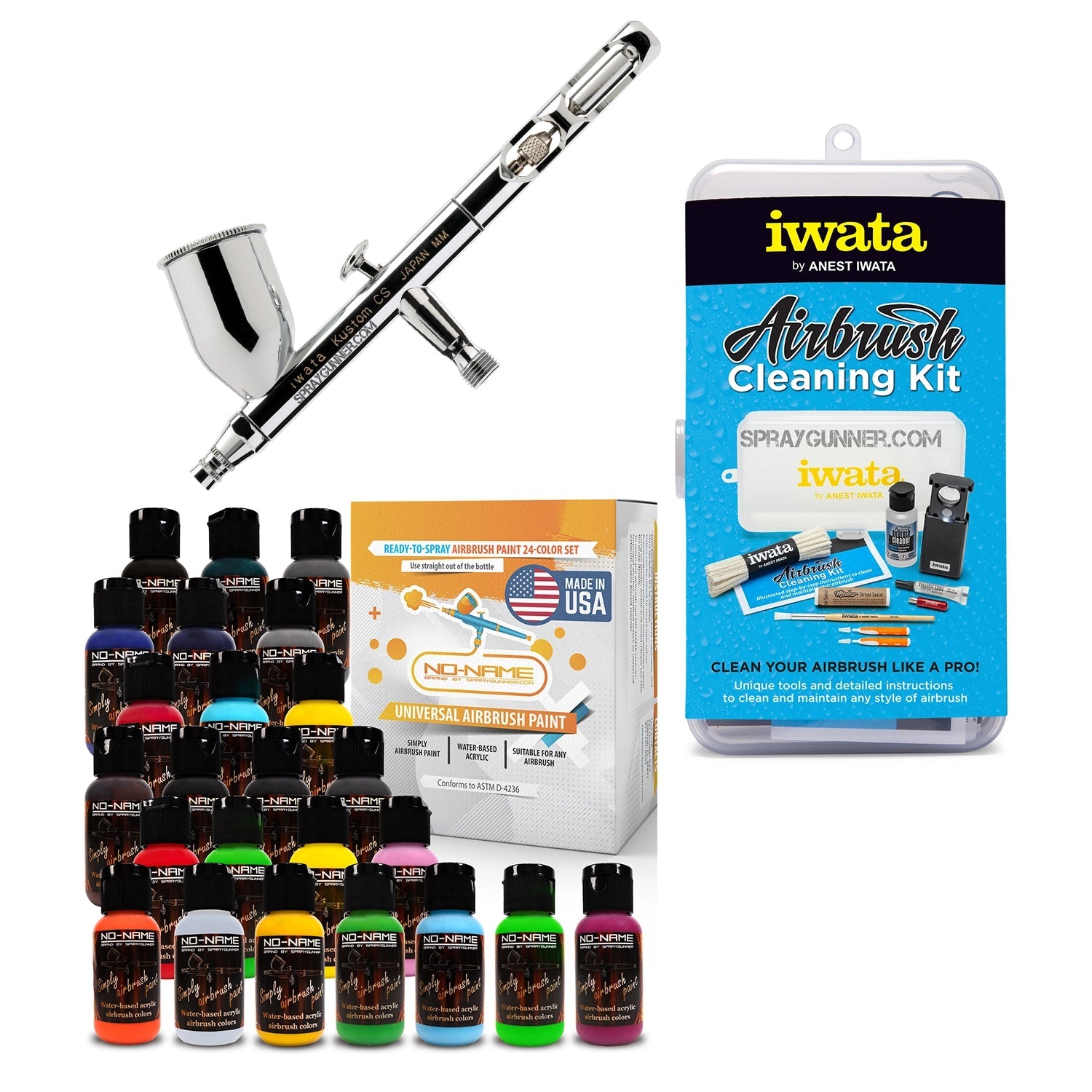 Open Box IWATA VAULT KUSTOM CS Gravity Feed Dual Action Airbrush with cleaning kit and Nonfire universal airbrush paint set, ideal for automotive and cosplay use.