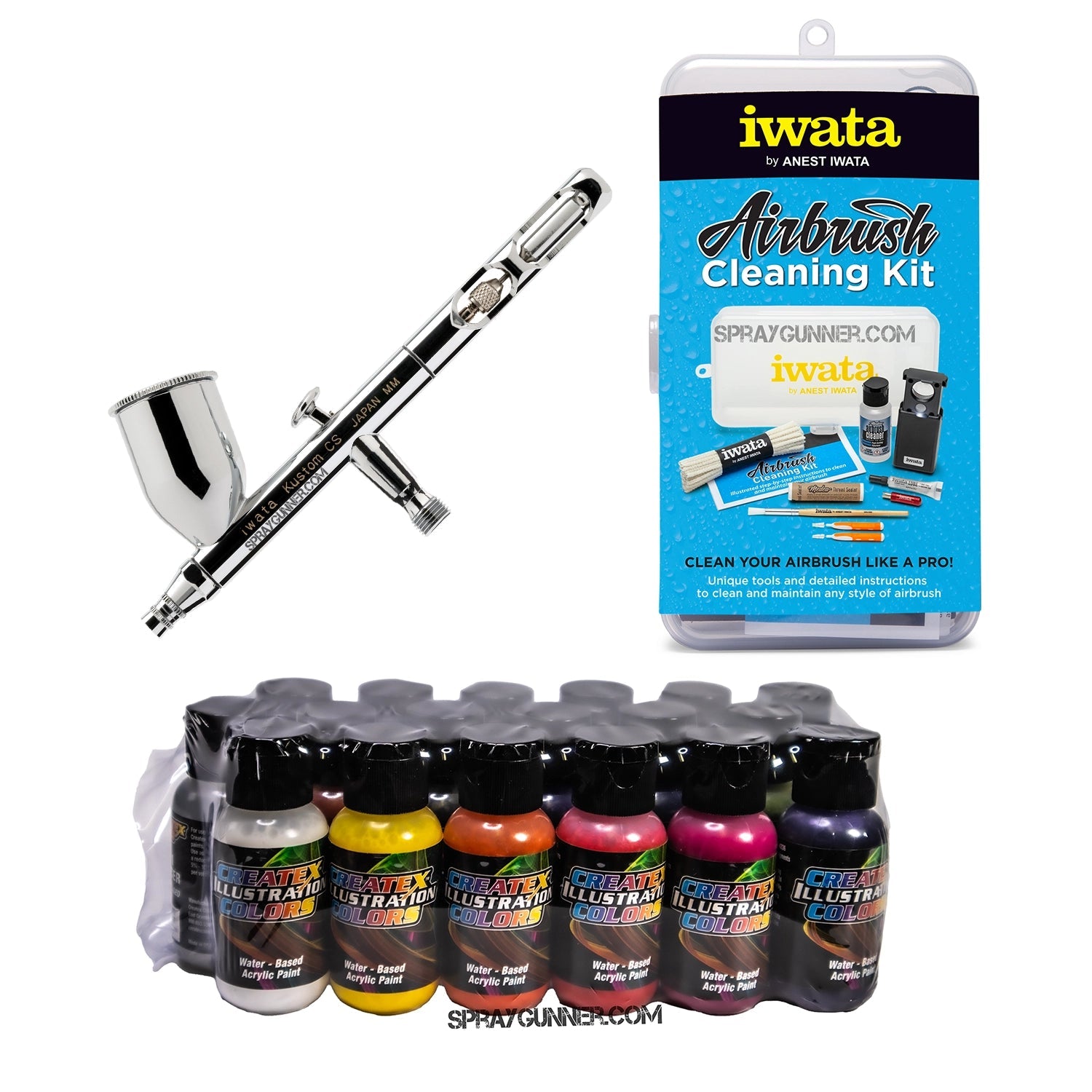 Perfect for cosplay and automotive applications, this open box IWATA VAULT KUSTOM CS Gravity Feed Dual Action Airbrush comes with a cleaning kit and a nonfire universal airbrush paint set.