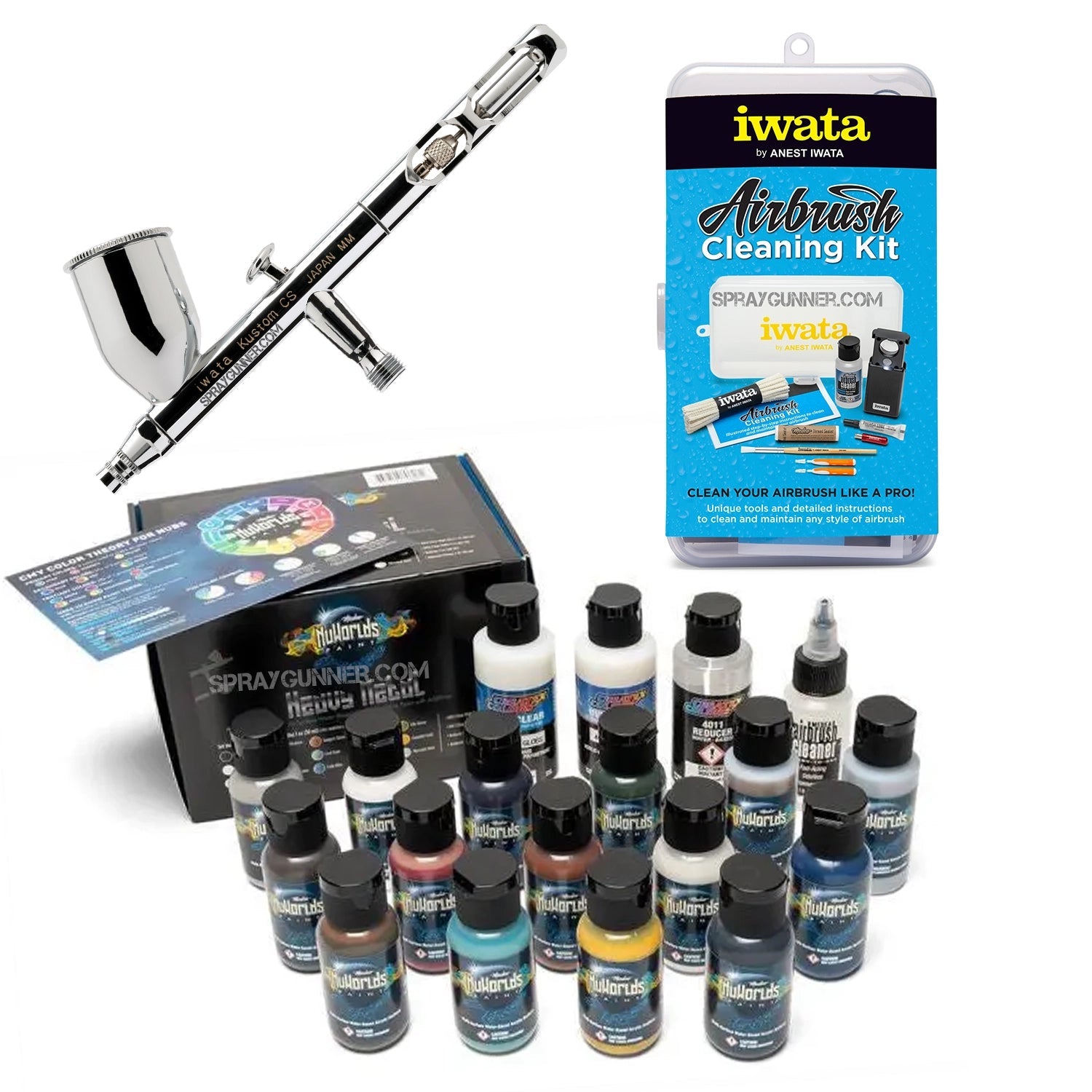 IWATA VAULT KUSTOM CS Gravity Feed Dual Action Airbrush, perfect for cosplay and automotive applications, comes with a cleaning kit and a nonfire universal airbrush paint set.