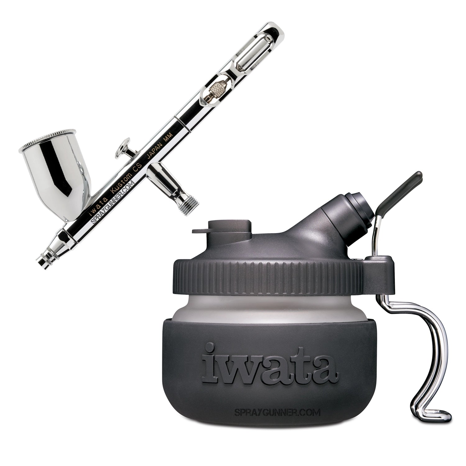 Open Box IWATA VAULT KUSTOM CS Gravity Feed Dual Action Airbrush with Nonfire universal airbrush paint set and cleaning equipment, perfect for cosplay and automotive applications.
