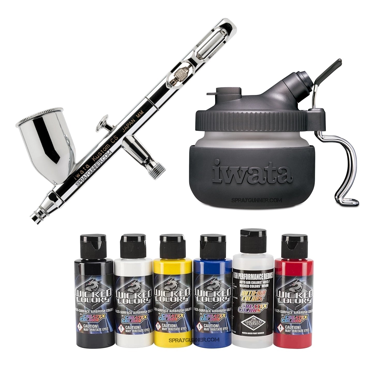 Ideal for cosplay and automotive applications, this open box IWATA VAULT KUSTOM CS Gravity Feed Dual Action Airbrush comes with a nonfire universal airbrush paint set and cleaning supplies.