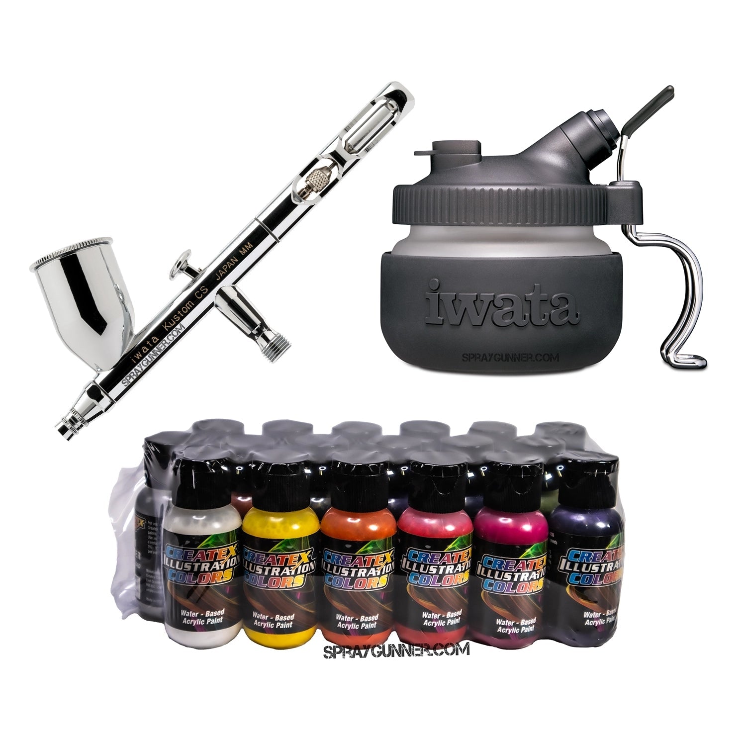 The IWATA VAULT KUSTOM CS Gravity Feed Dual Action Airbrush comes in an open box with a nonfire universal airbrush paint kit and cleaning supplies, making it ideal for cosplay and painting.