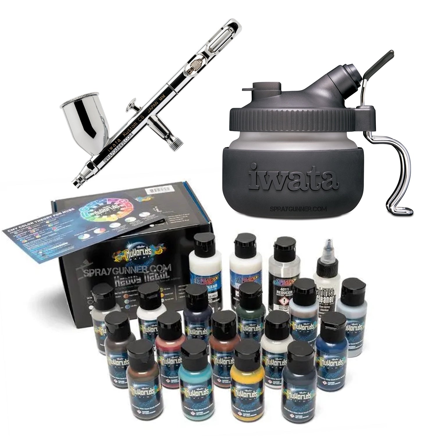 This open box IWATA VAULT KUSTOM CS Gravity Feed Dual Action Airbrush is perfect for cosplay and automotive applications. It comes with cleaning materials and a nonfire universal airbrush paint kit.