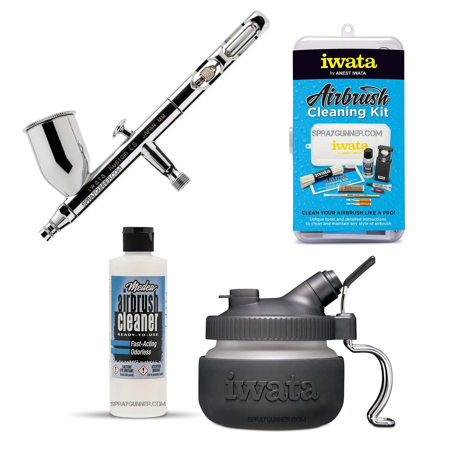 With a nonfire universal airbrush paint set and cleaning materials, this open box IWATA VAULT KUSTOM CS Gravity Feed Dual Action Airbrush is perfect for cosplay and automotive applications.