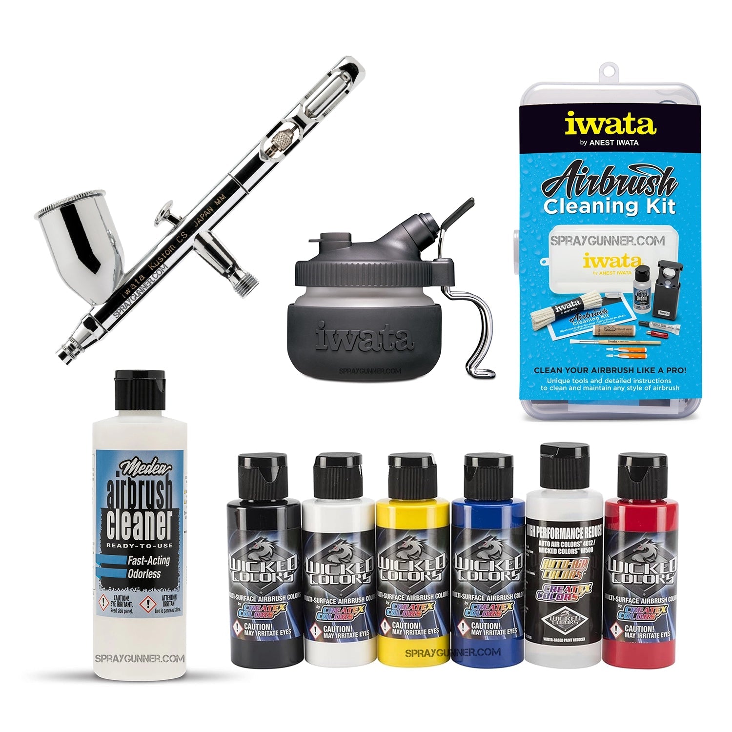 This open box IWATA VAULT KUSTOM CS Gravity Feed Dual Action Airbrush arrives with a nonfire universal airbrush paint kit and cleaning accessories, making it perfect for cosplay and automotive applications.