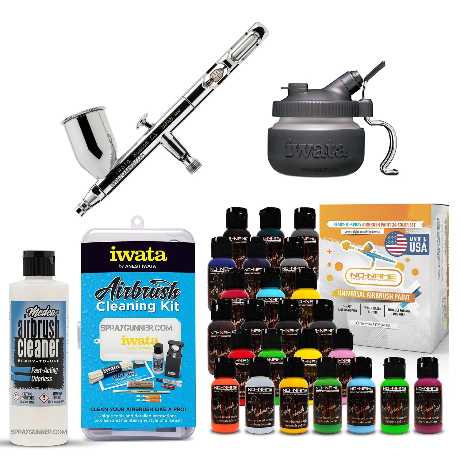 This open box IWATA VAULT KUSTOM CS Gravity Feed Dual Action Airbrush comes with a nonfire universal airbrush paint kit and cleaning supplies, making it ideal for cosplay and automotive applications.