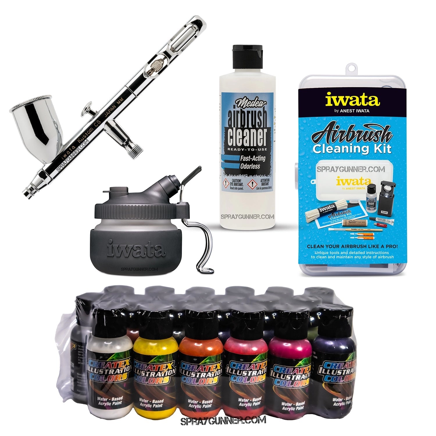 For cosplay and automotive applications, this open box IWATA VAULT KUSTOM CS Gravity Feed Dual Action Airbrush is ideal because it comes with a nonfire universal airbrush paint kit and cleaning supplies.