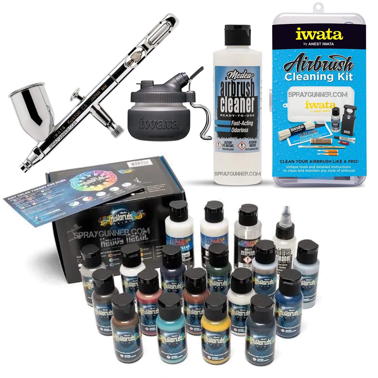 Cosplay and automotive applications will love this open box IWATA VAULT KUSTOM CS Gravity Feed Dual Action Airbrush, which comes with a nonfire universal airbrush paint set and cleaning supplies.