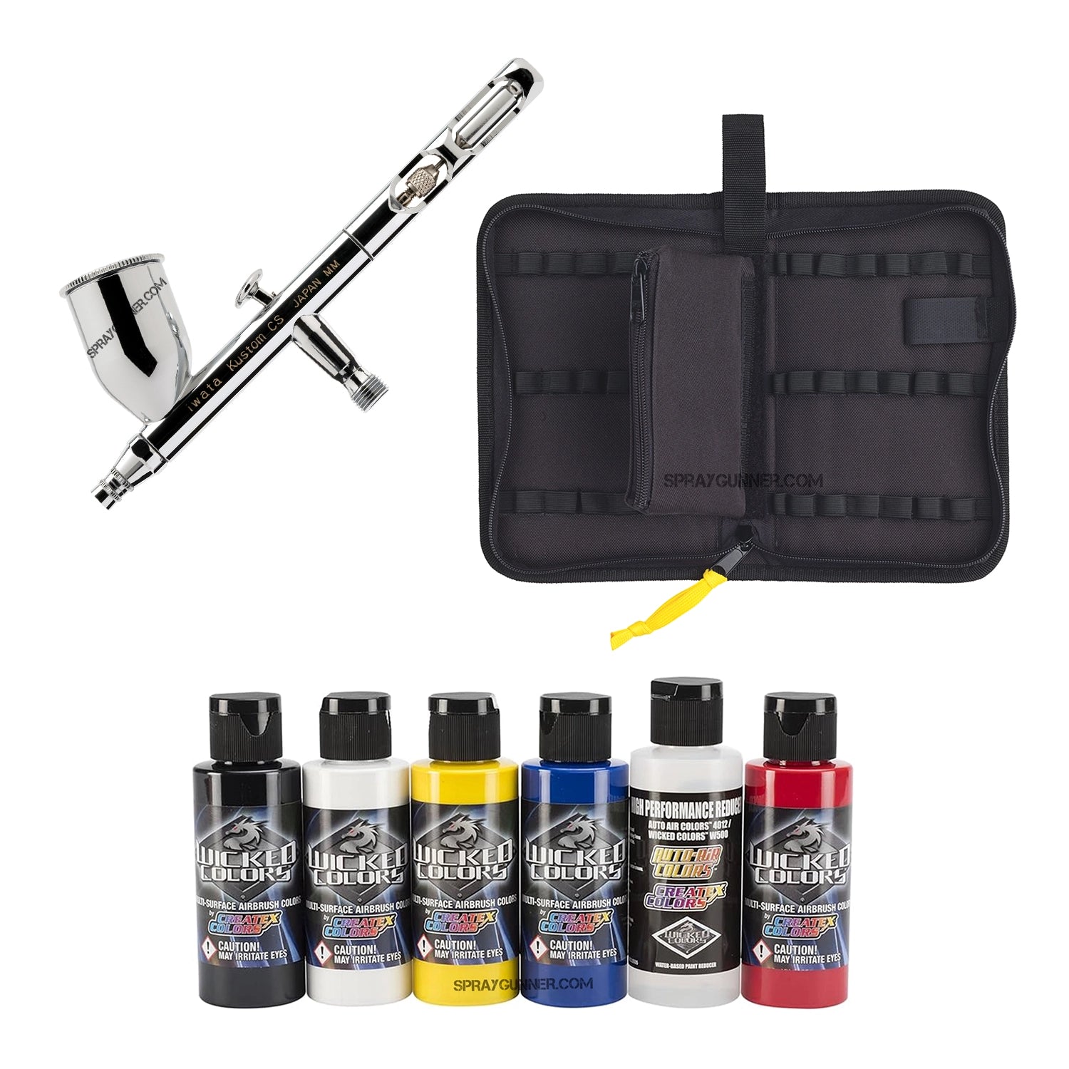 This open-box IWATA VAULT KUSTOM CS Gravity Feed Dual Action Airbrush is perfect for cosplay and automotive applications because it comes with cleaning materials and a nonfire universal airbrush paint kit.