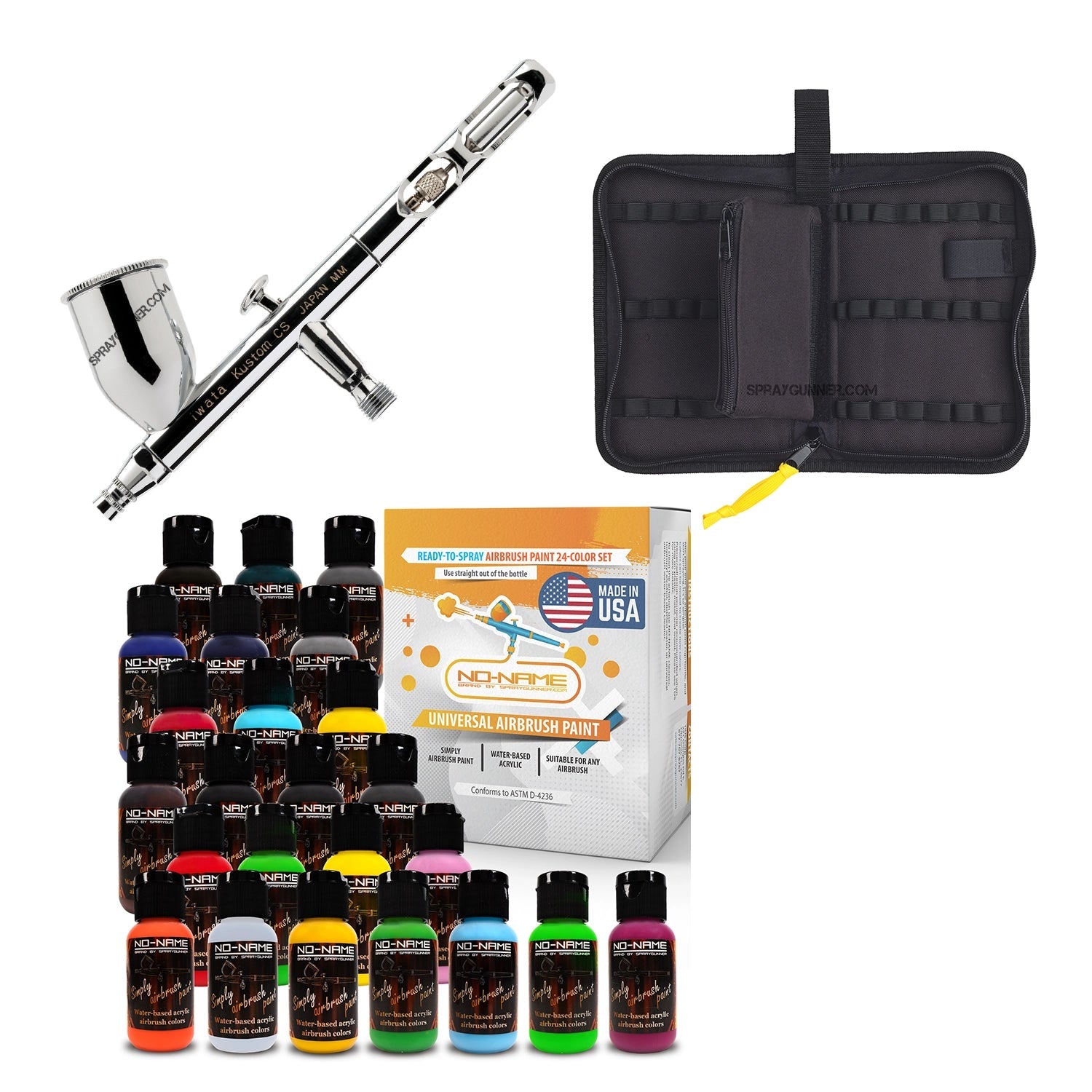 Perfect for cosplay and automotive applications, this open-box IWATA VAULT KUSTOM CS Gravity Feed Dual Action Airbrush includes a nonfire universal airbrush paint package and cleaning tools.