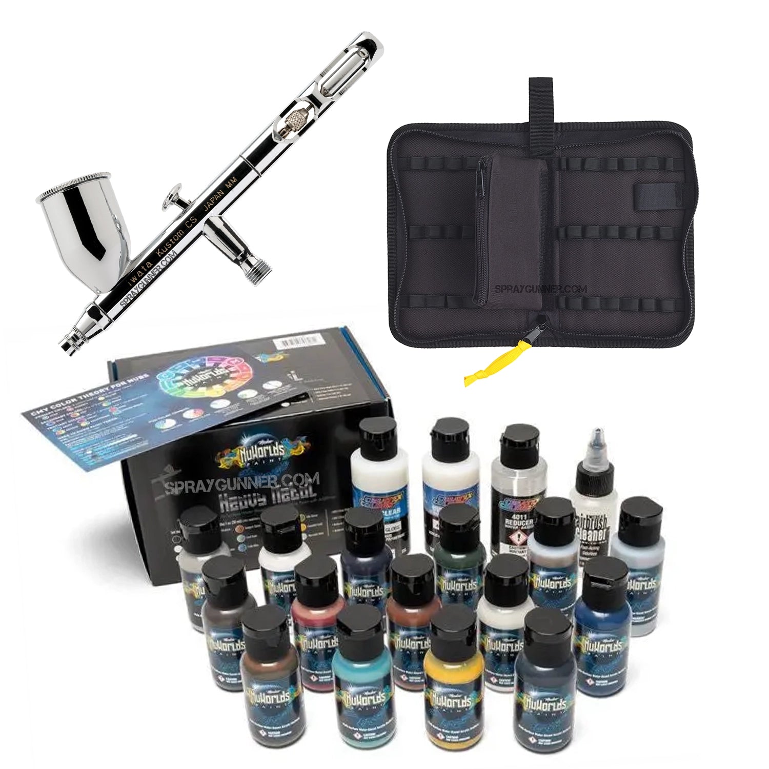 With its nonfire universal airbrush paint kit and cleaning supplies, this open-box IWATA VAULT KUSTOM CS Gravity Feed Dual Action Airbrush is ideal for cosplay and automotive applications.