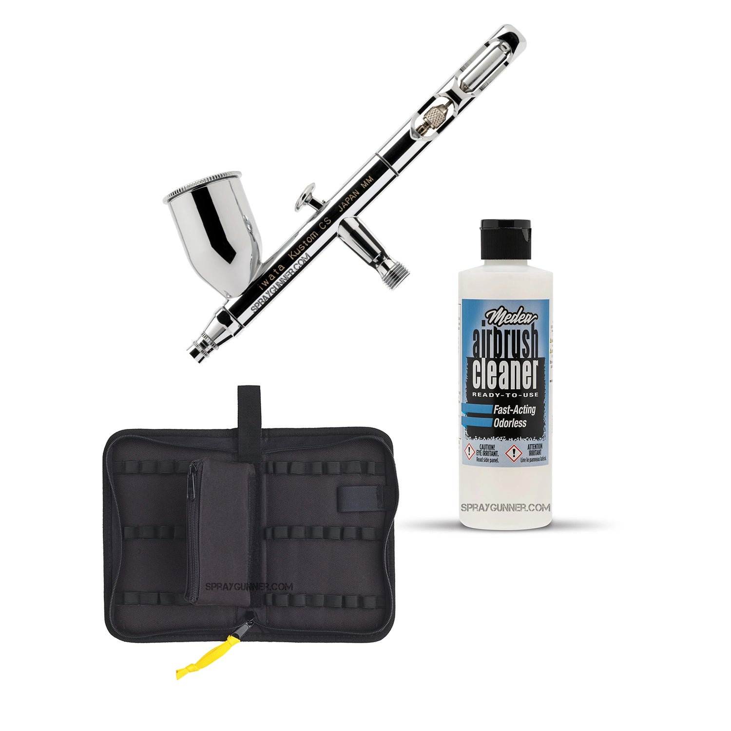 This open-box IWATA VAULT KUSTOM CS Gravity Feed Dual Action Airbrush includes a nonfire universal airbrush paint kit and cleaning supplies, making it ideal for cosplay and automotive applications.
